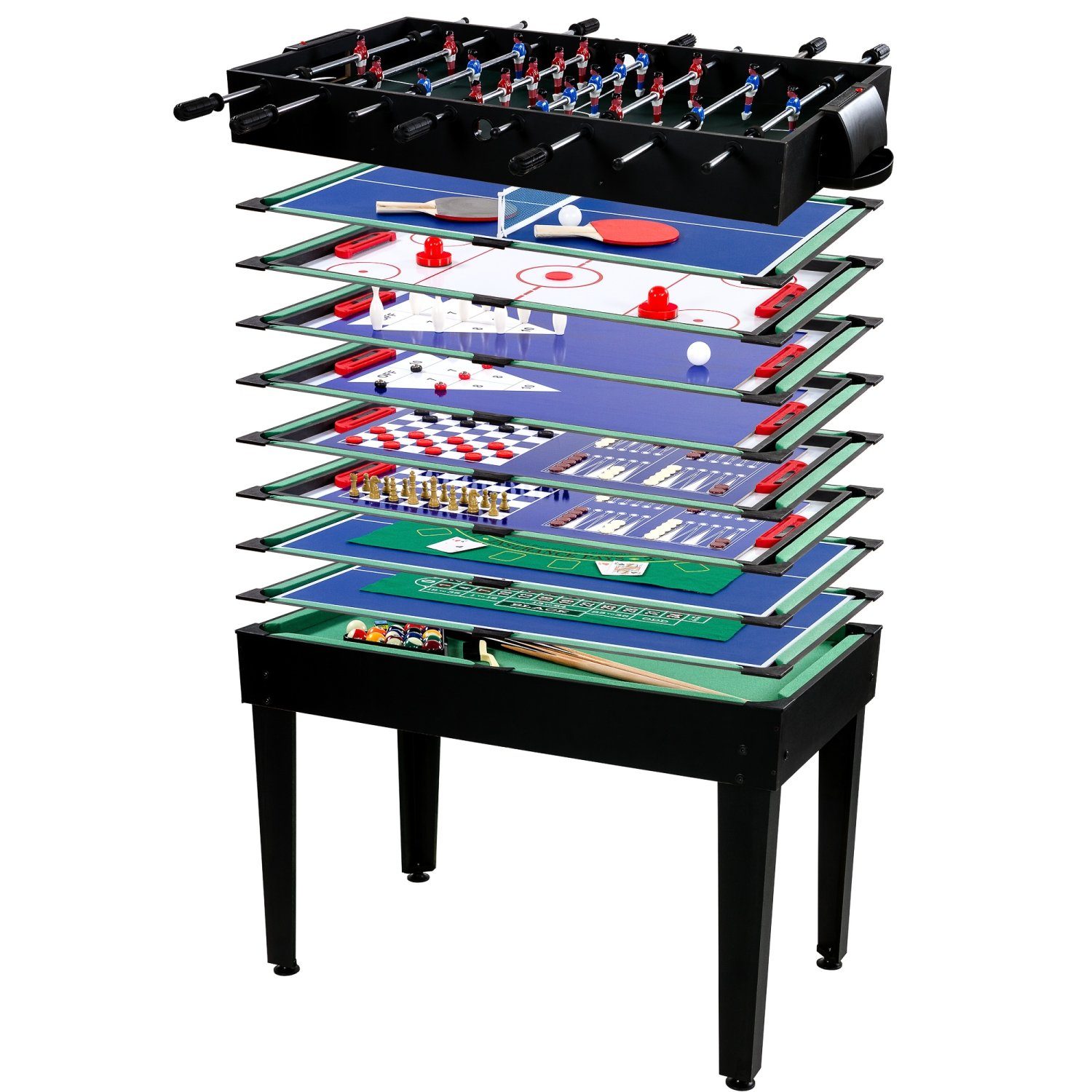 GAMES PLANET Spieltisch Multigame Spieletisch Mega 15 in 1, (Set), inkl. komplettem Zubehör, Spieltisch in 3 Dekorvarianten