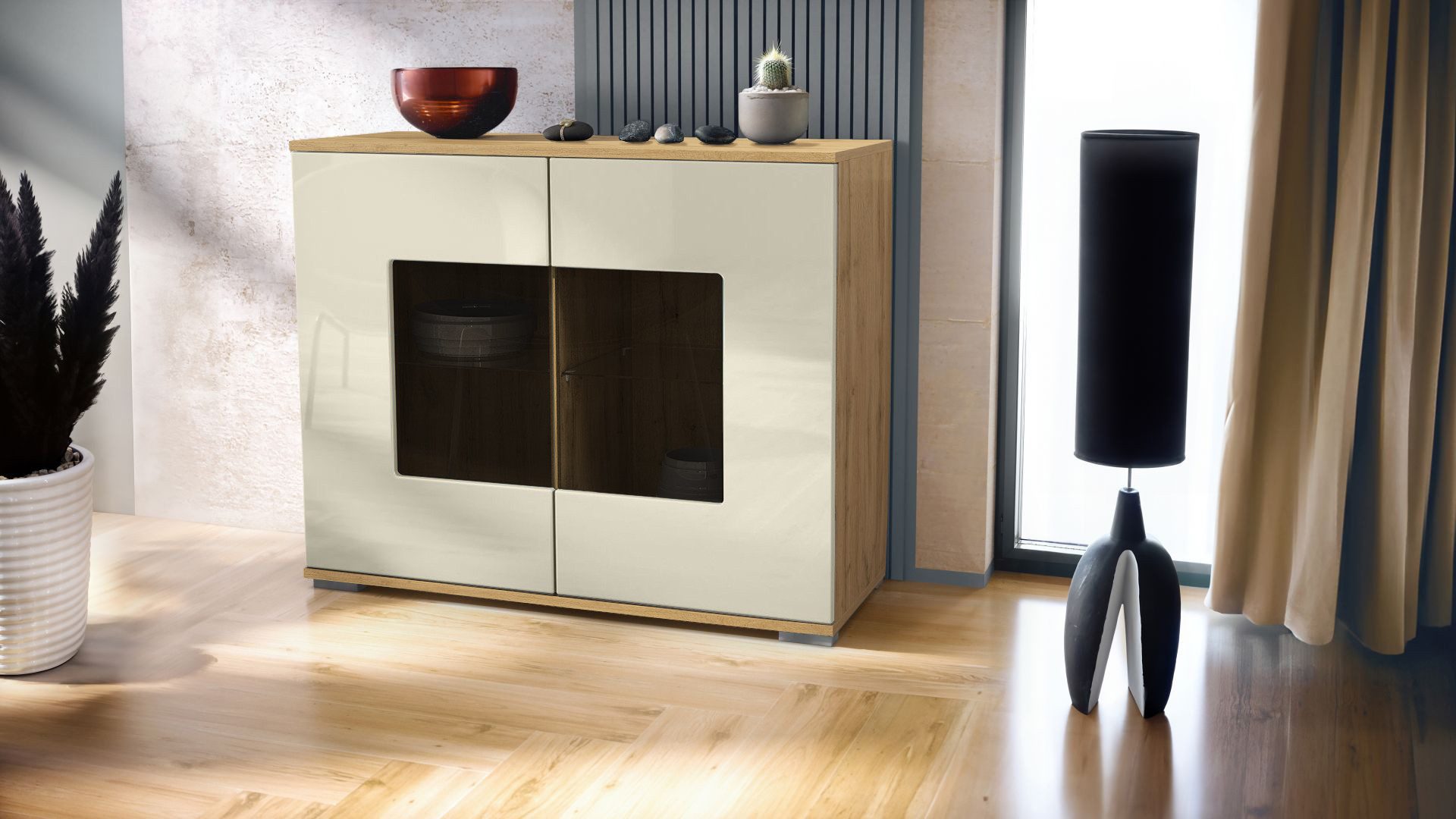 Vladon Kommode Grömitz V3 (Moderner Küchenschrank, mit 2 großen Glastüren), Eiche Evoke / Creme Hochglanz (92,5 x 0.0 x 35)