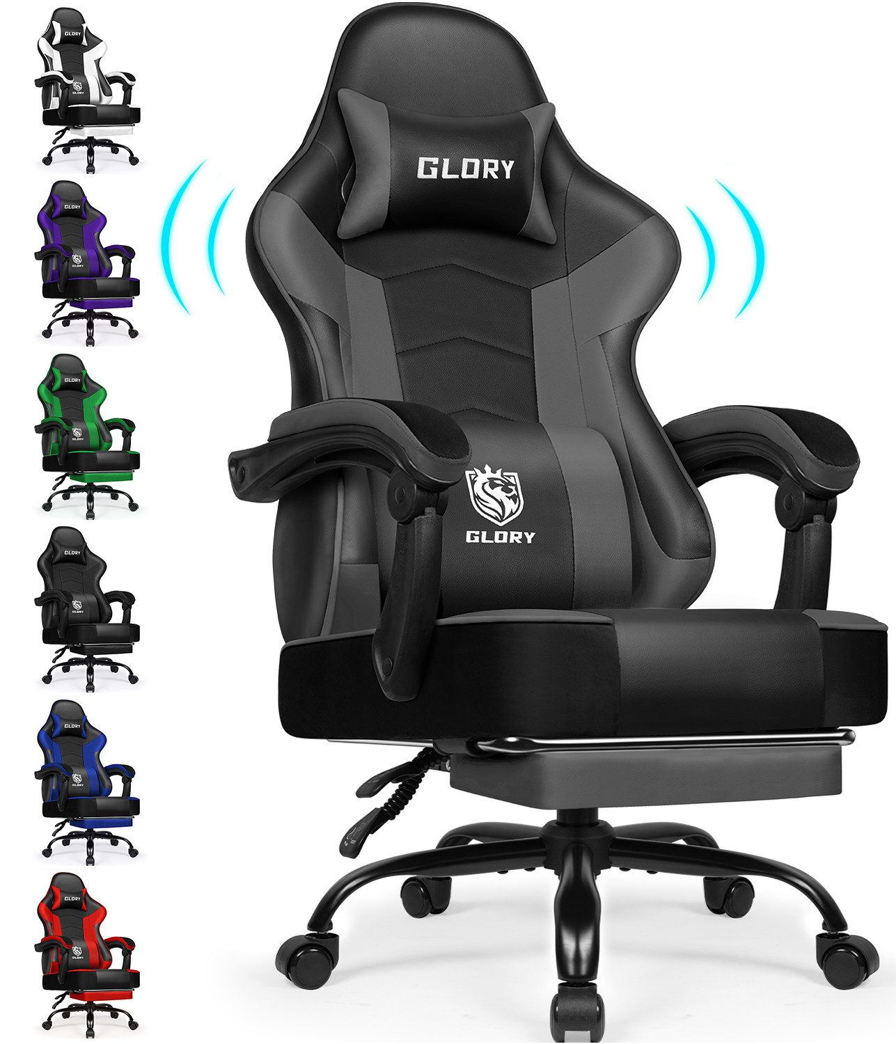 Hiazurm Gaming-Stuhl Gaming Stuhl, Bürostuhl Ergonomisch Wippfunktion bis zu 170° (Gaming Chair mit Fußstütze, 10 cm Höhenverstellung), Verstellbarem Lenden- & Kopfkissen, Gamer Stuhl 150kg Belastbarkeit