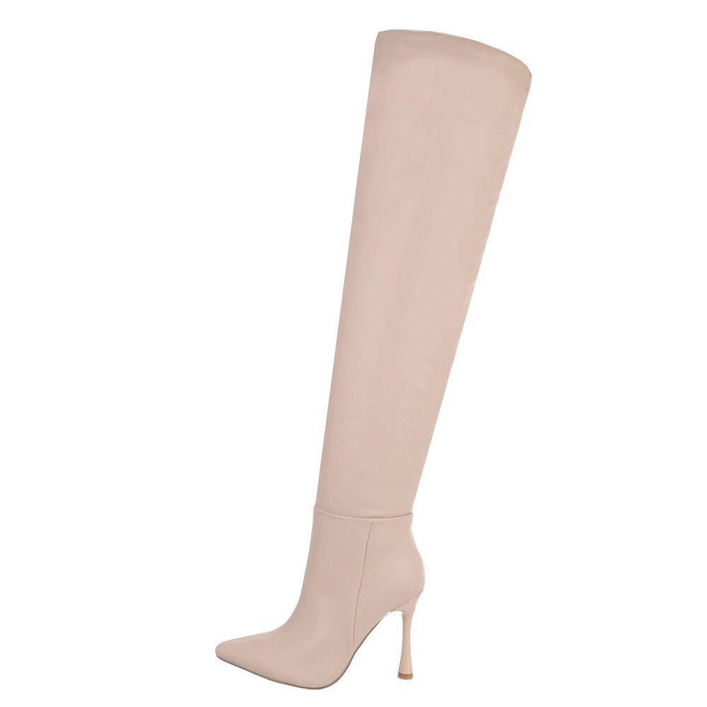 & Damen High-Heel Stiefel Overkneestiefel Beige in Party Pfennig-/Stilettoabsatz Ital-Design Abendschuhe Clubwear