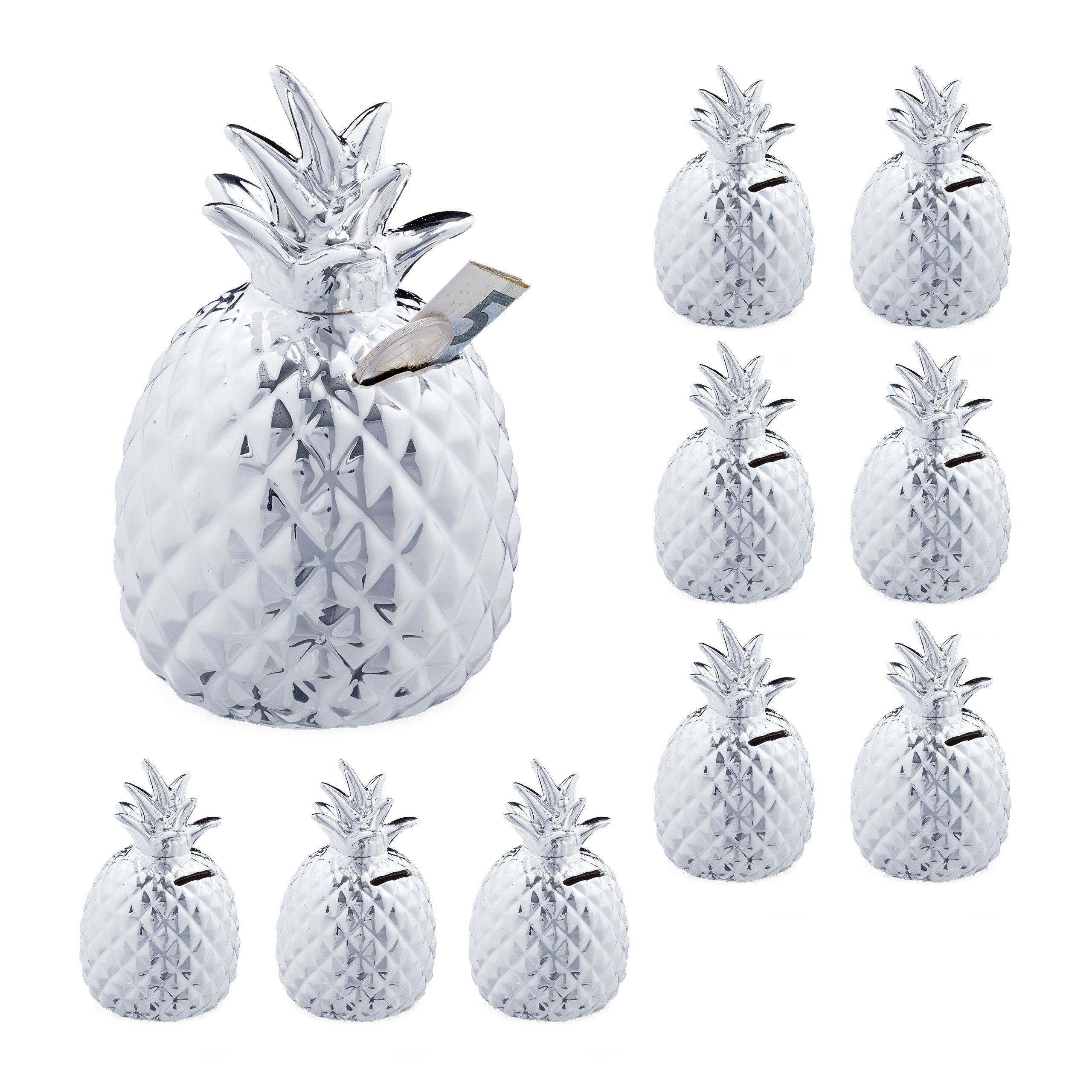 relaxdays Spardose 10 x Spardose Ananas in Silber