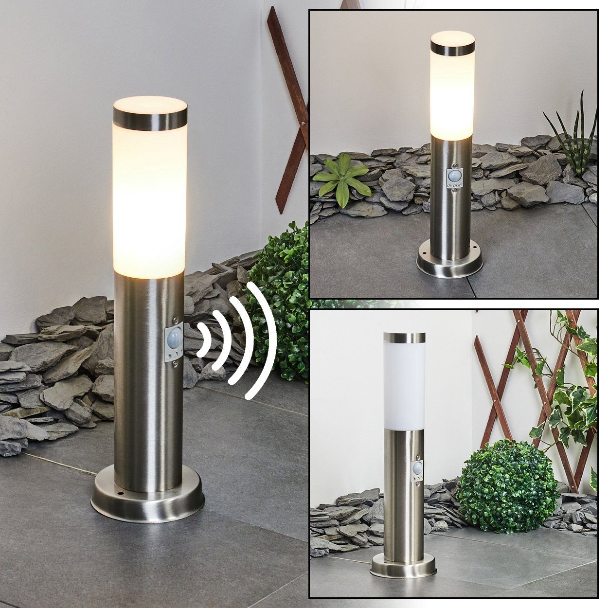 hofstein Pollerleuchte »Gnocchetta« moderne Sockelleuchte aus Metall/Kunststoff, Nickel-matt, ohne Leuchtmittel, Gartenlampe m. E27, IP44Bewegungsmelder/Weiß