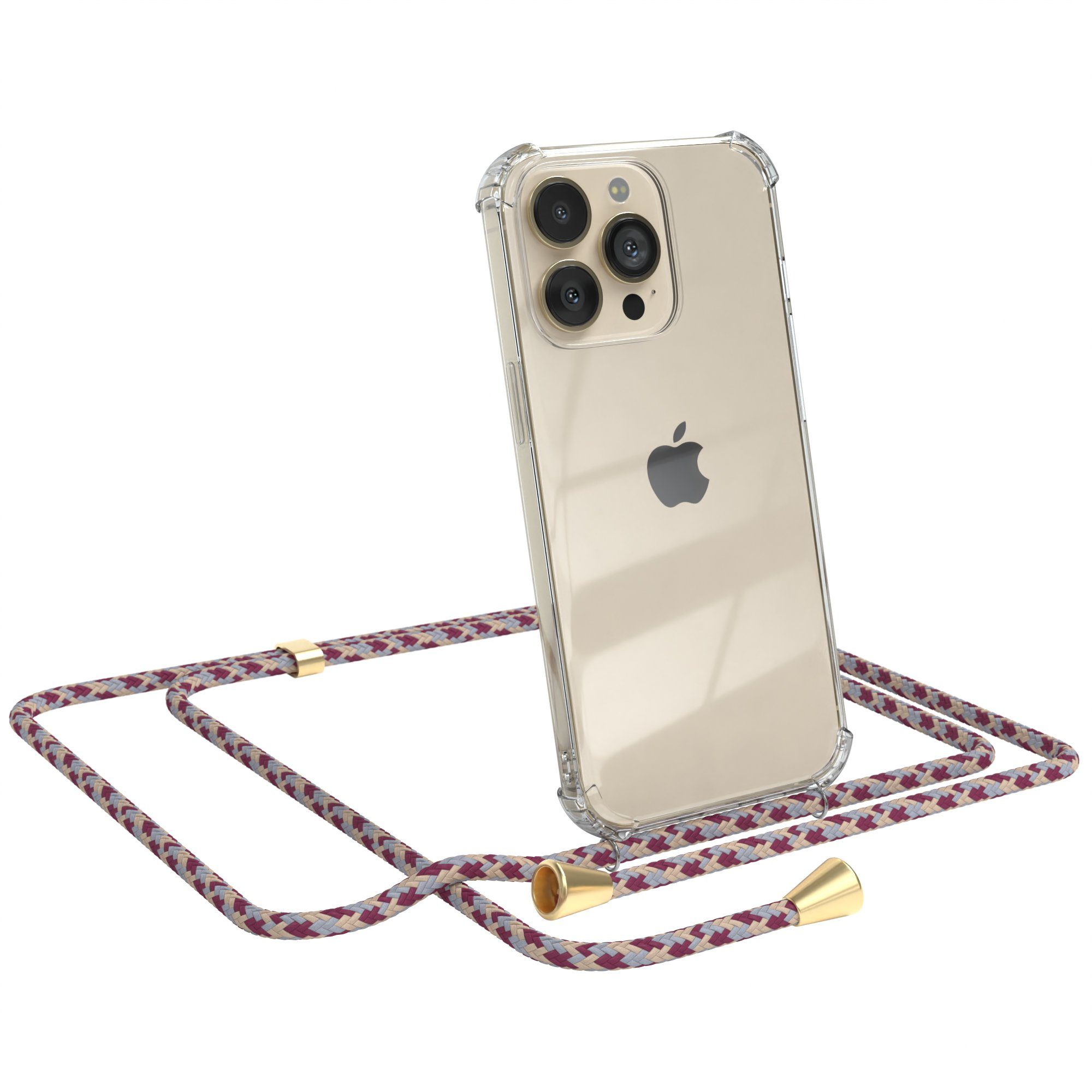 EAZY CASE Handykette Hülle mit Kette für Apple iPhone 13 Pro 6,1 Zoll, Hülle mit Umhängeband Bumper Case Hülle mit Band Rot Beige Camouflage