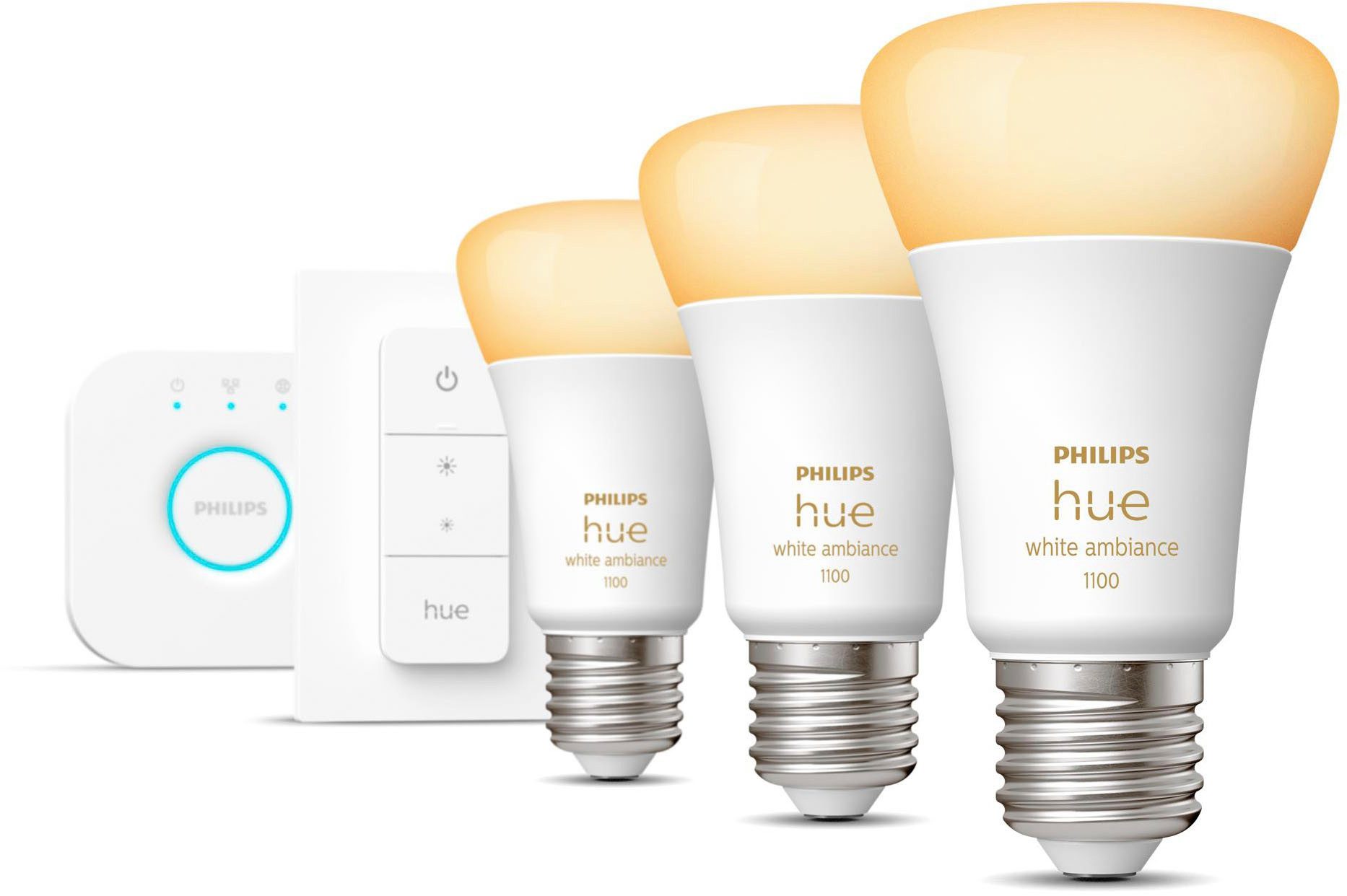 Philips Hue LED-Leuchtmittel White Ambiance 3er Starter Set inkl. Bridge + DimmerSwitch 800lm, E27, 5 St., Farbwechsler