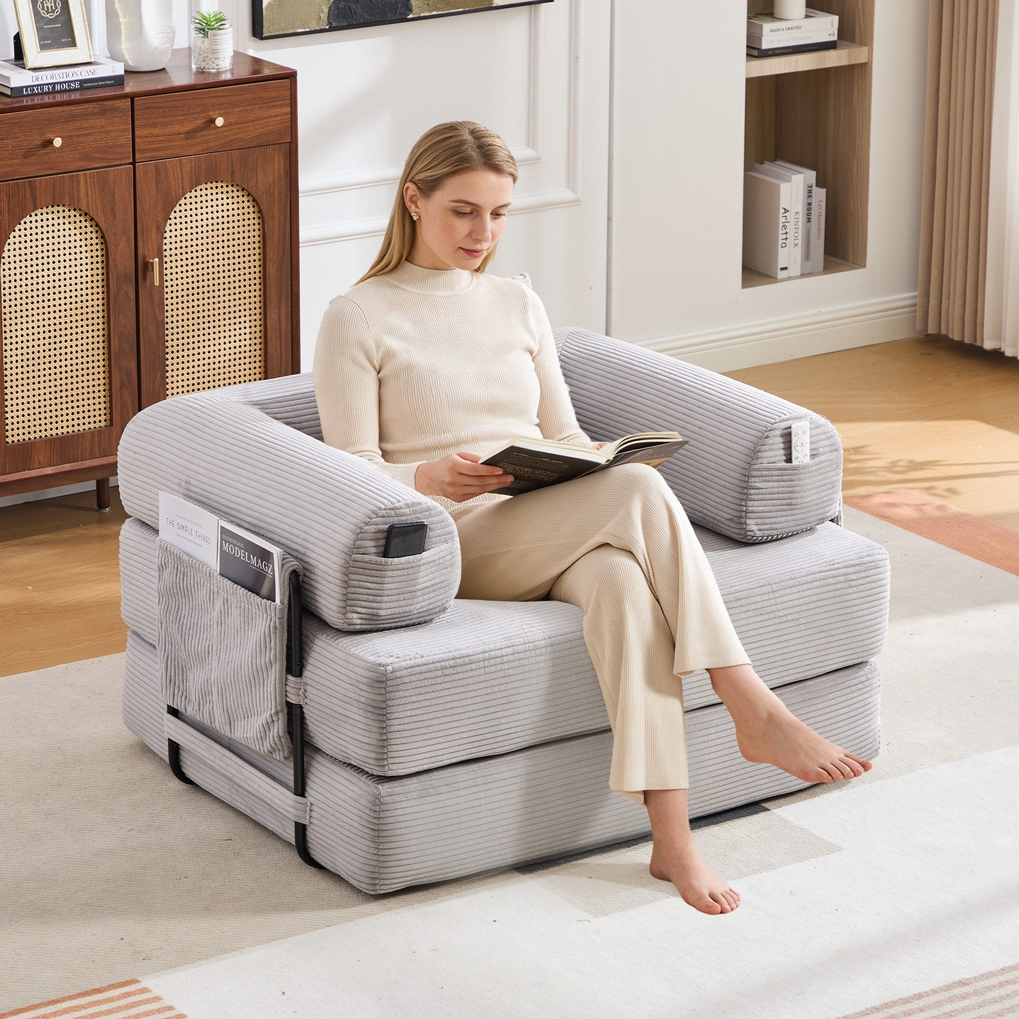 LVHOM Loungesofa faltbar mit Schlaffunktion, Stabil-/abnehmbarer Außenrahmen aus Metall, frei kombinierbar, Liege- oder Klappsofa, 1 Kissen, Hochelastischer Schaumstoff, weicher Cordstoff, Praktische Seitentaschen zur Aufbewahrung, Ideal für flexible Raumgestaltung in Wohn- oder Kleinwohnungen, Tragfähigkeit 300kg, als Gästebett nutzbar,Arbeitszimmer/Wohnzimmer