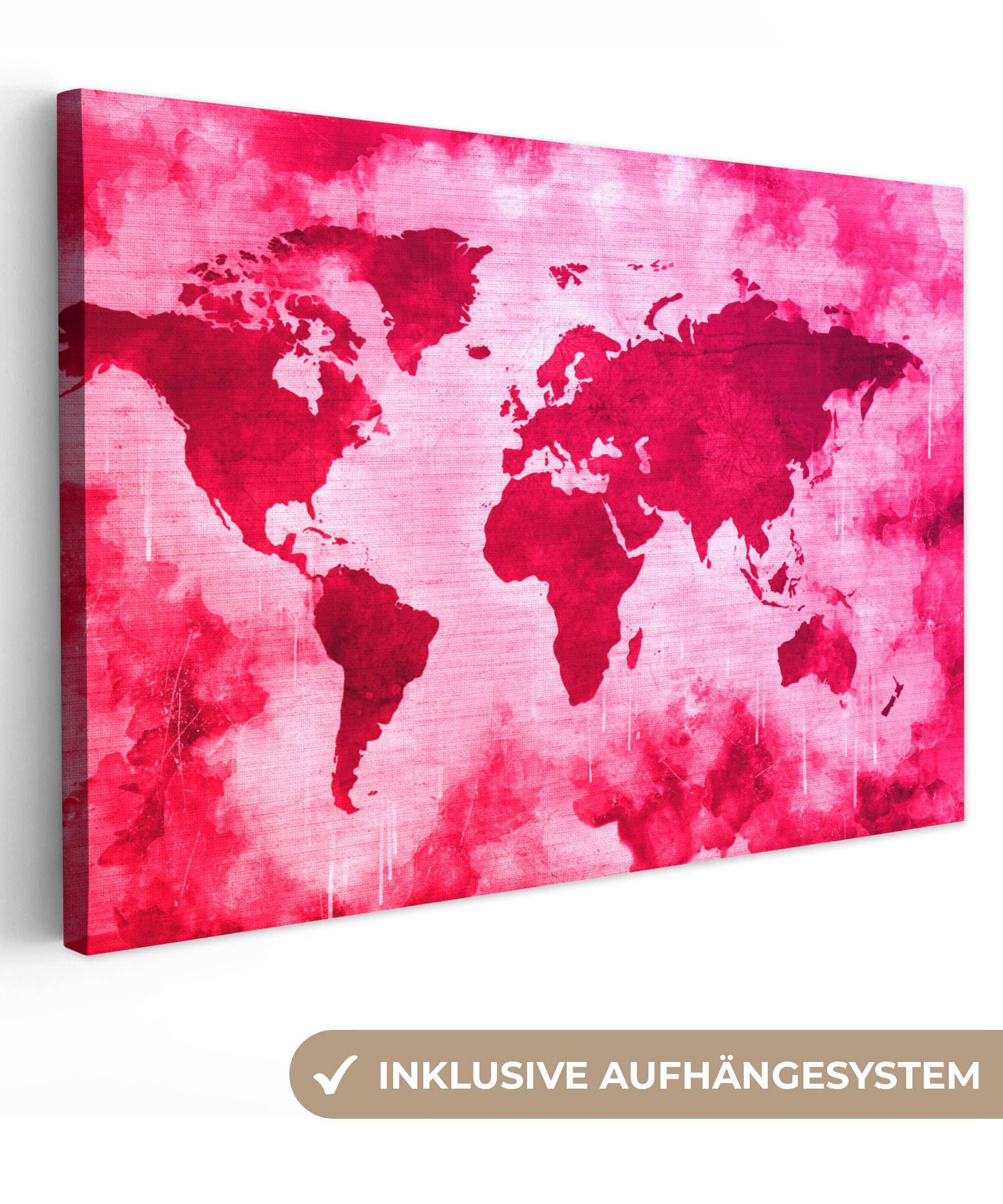 OneMillionCanvasses® Leinwandbild Weltkarte - Rot - Rosa, (1 St), Wandbild Leinwandbilder, Aufhängefertig, Wanddeko, 30x20 cm