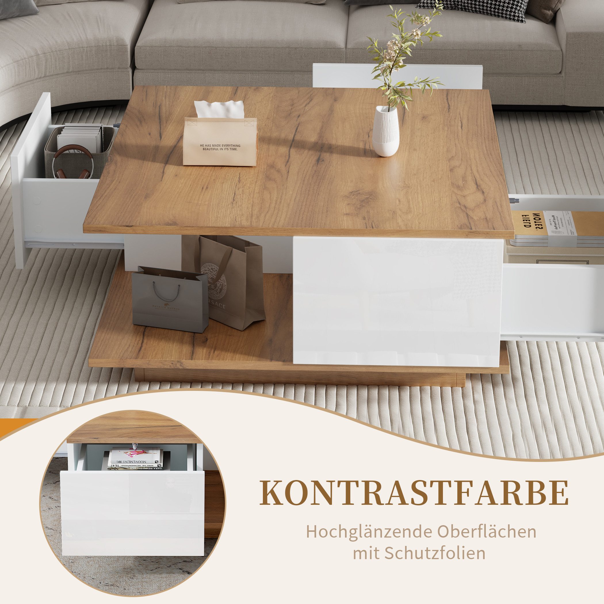 SeedWave Couchtisch Stivoller Doppelstöckiger Sofatisch mit 3 Schubladen, 1 Ablagefach, Schubladen mit hochglänzenden Oberflächen, Basen mit rutschfeste Pads