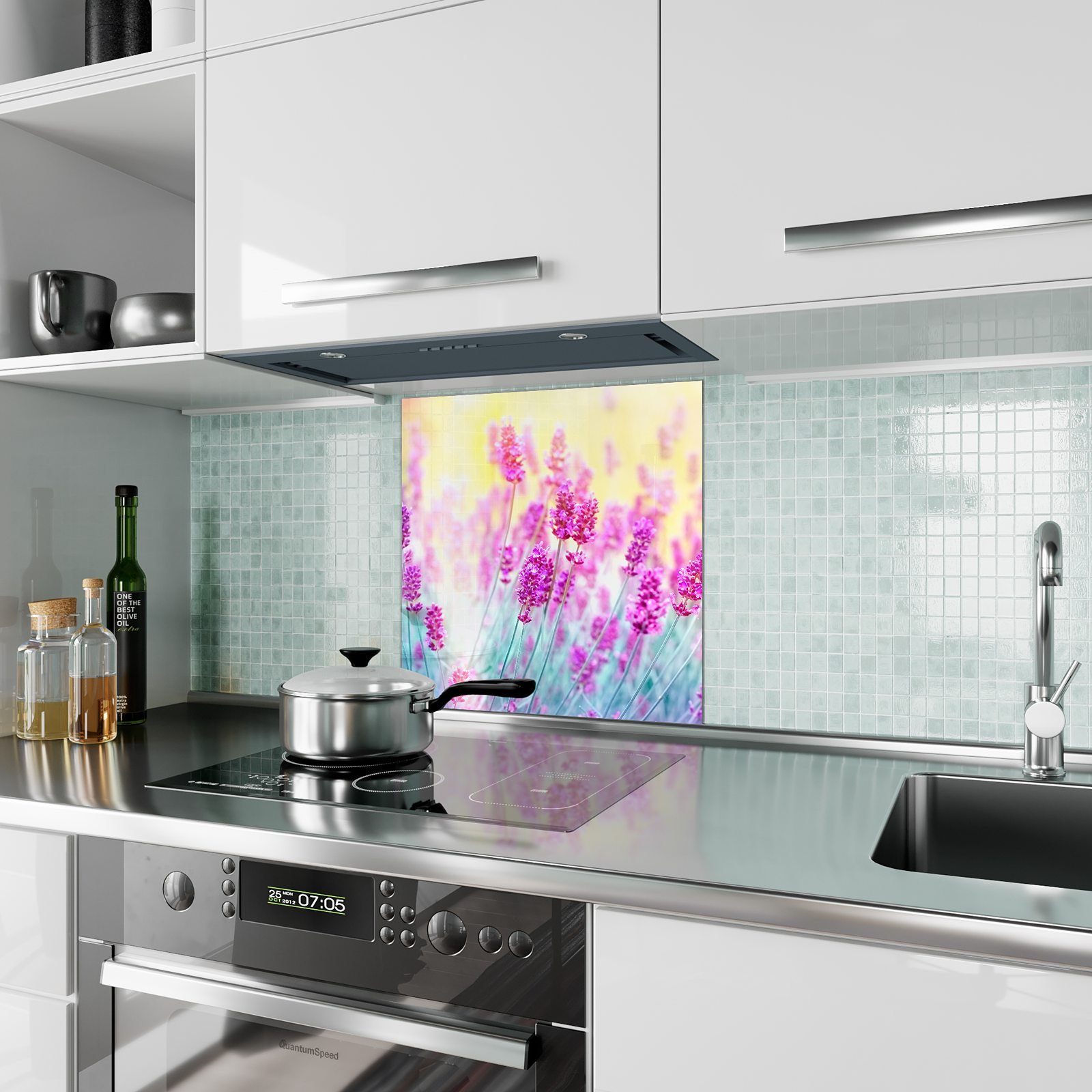 Küchenrückwand Motiv Spritzschutz mit Lavendelblüten Küchenrückwand Primedeco Glas