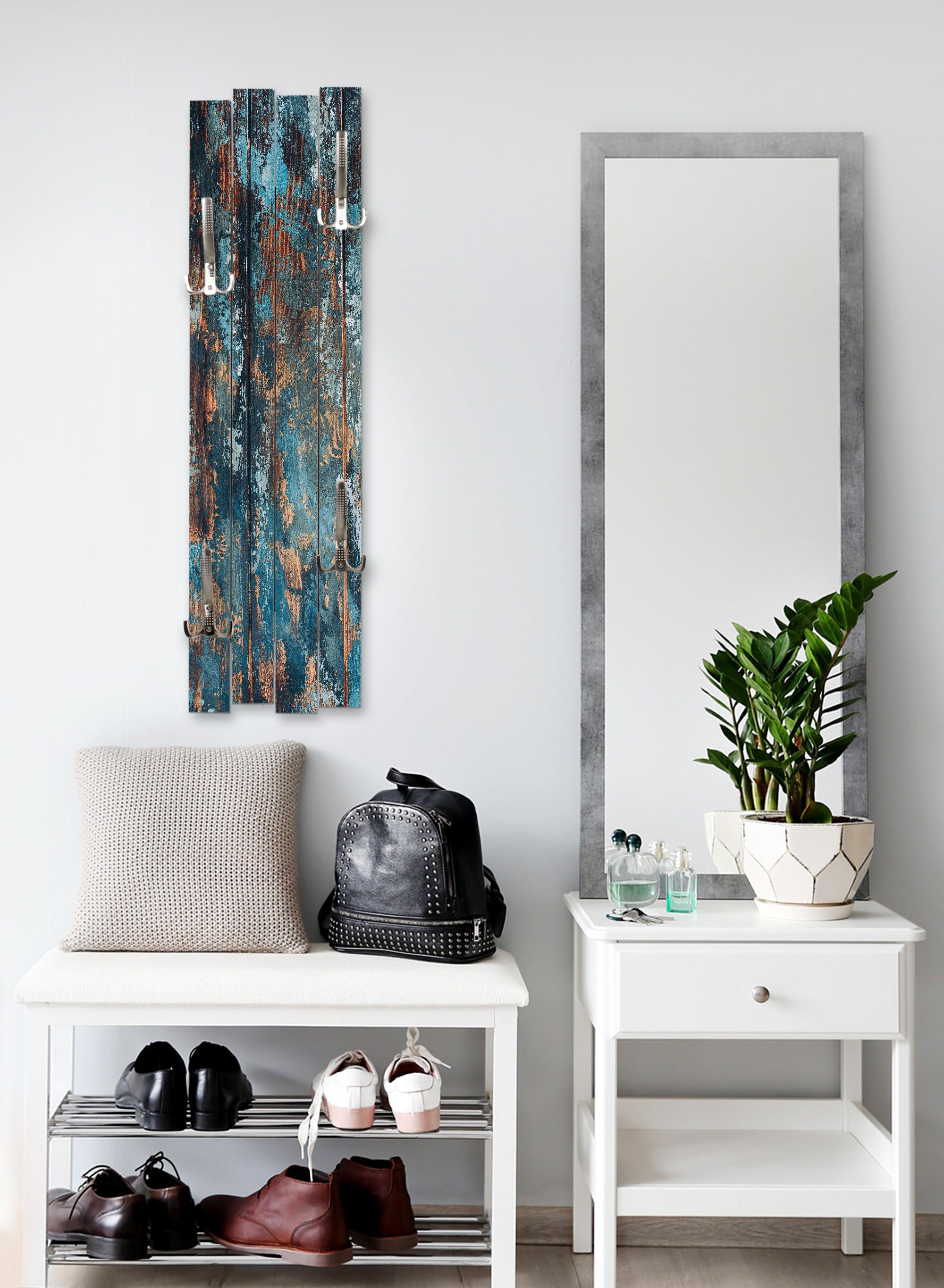 Kreative Feder Wandgarderobe Wand-Garderobe „Altes Holz Blau“ aus Holz, Shabby-Chic; ca. 100 x 30 cm; mit 4 Haken; außergewöhnlich, modern