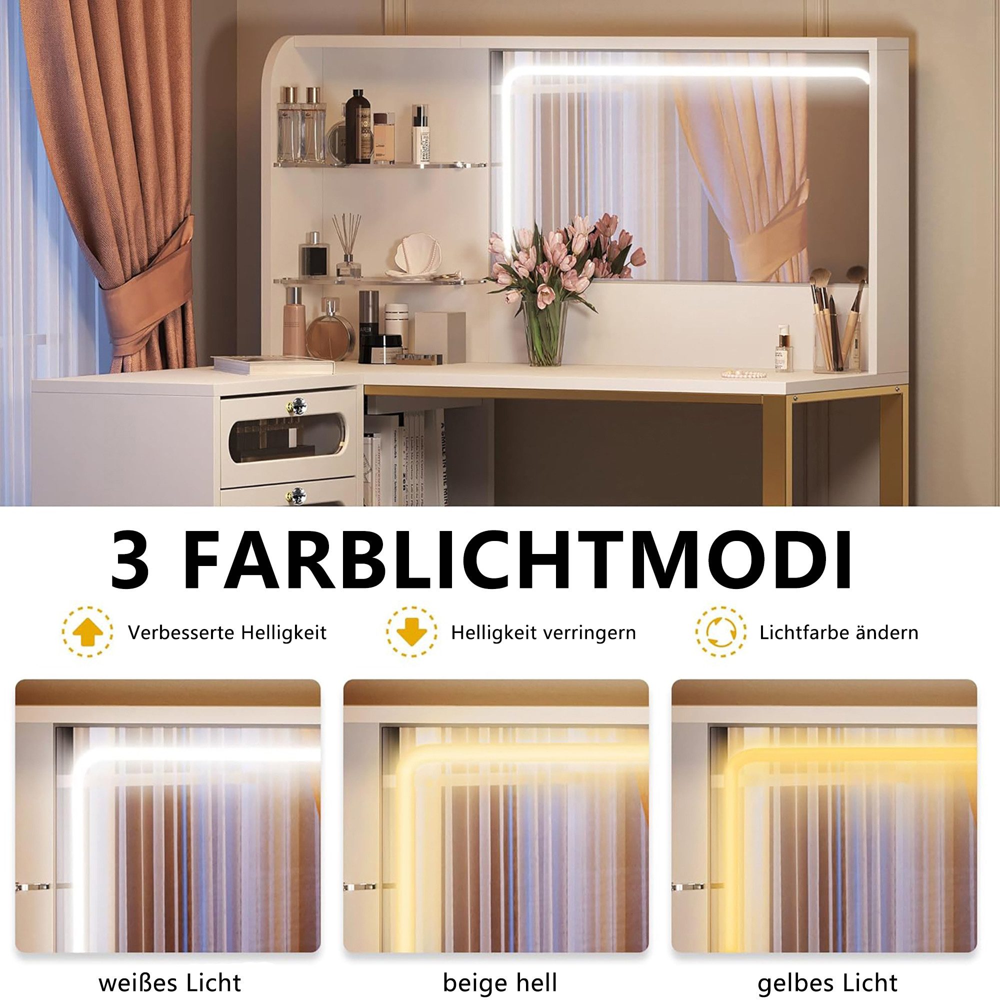 Furnishings Home Schminktisch Frisiertisch Set Stauraum mit LED-Beleuchtung Spiegel modern (1200x800x1350 mm), Mit 5 Schubladen, Drei einstellbare LED-Leuchten