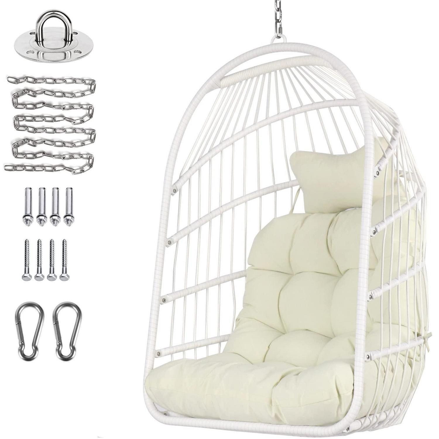 LuxusKollektion Hängesessel Hängesessel Korb Rattan Kettenglied Edelstahl Kissen Balkon Weiß stuhl (1-St)