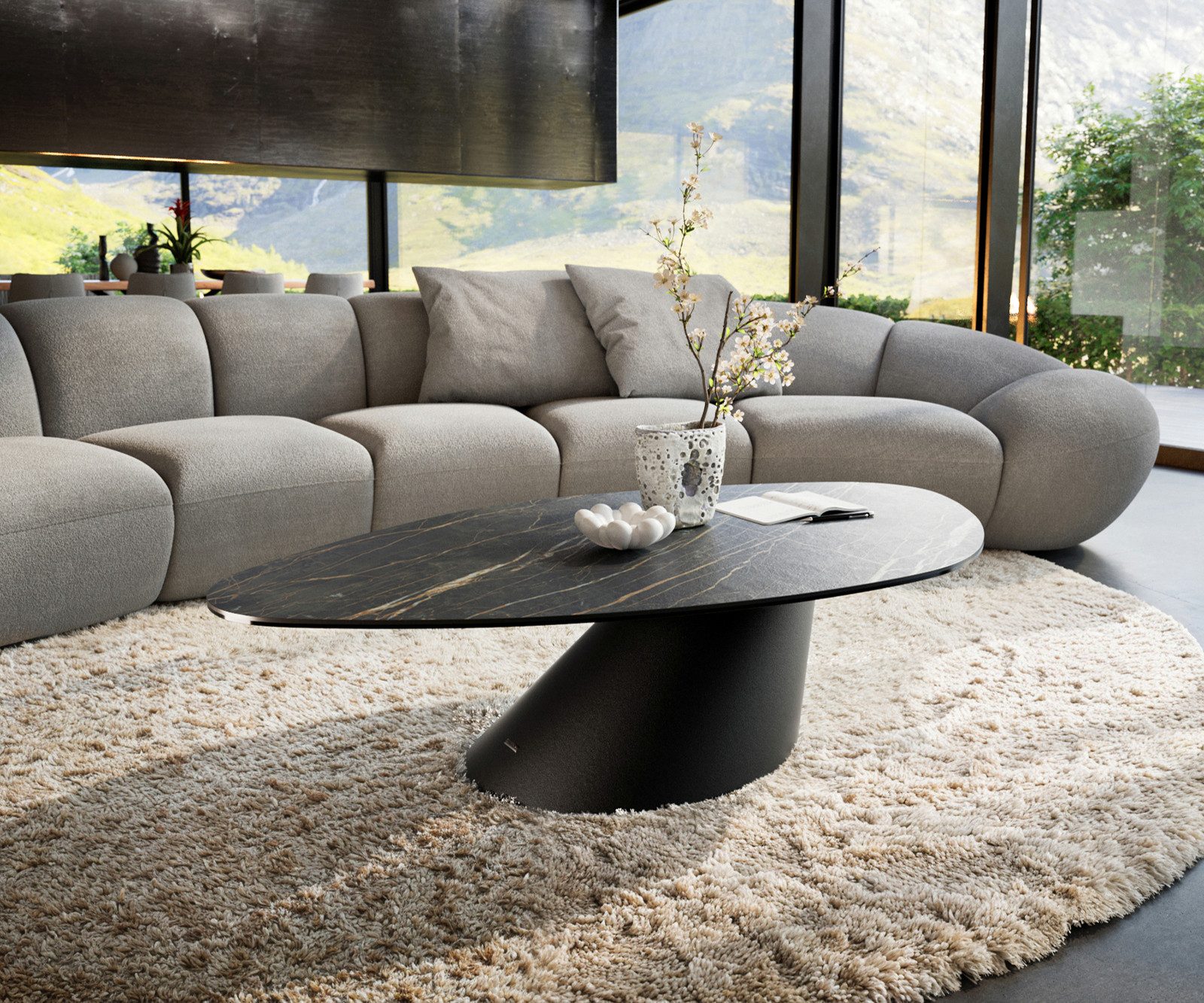 DELIFE Couchtisch Edge, Organisch 140x76 cm Keramik Laminam® Noir Desir Braun Conis Metall Sch