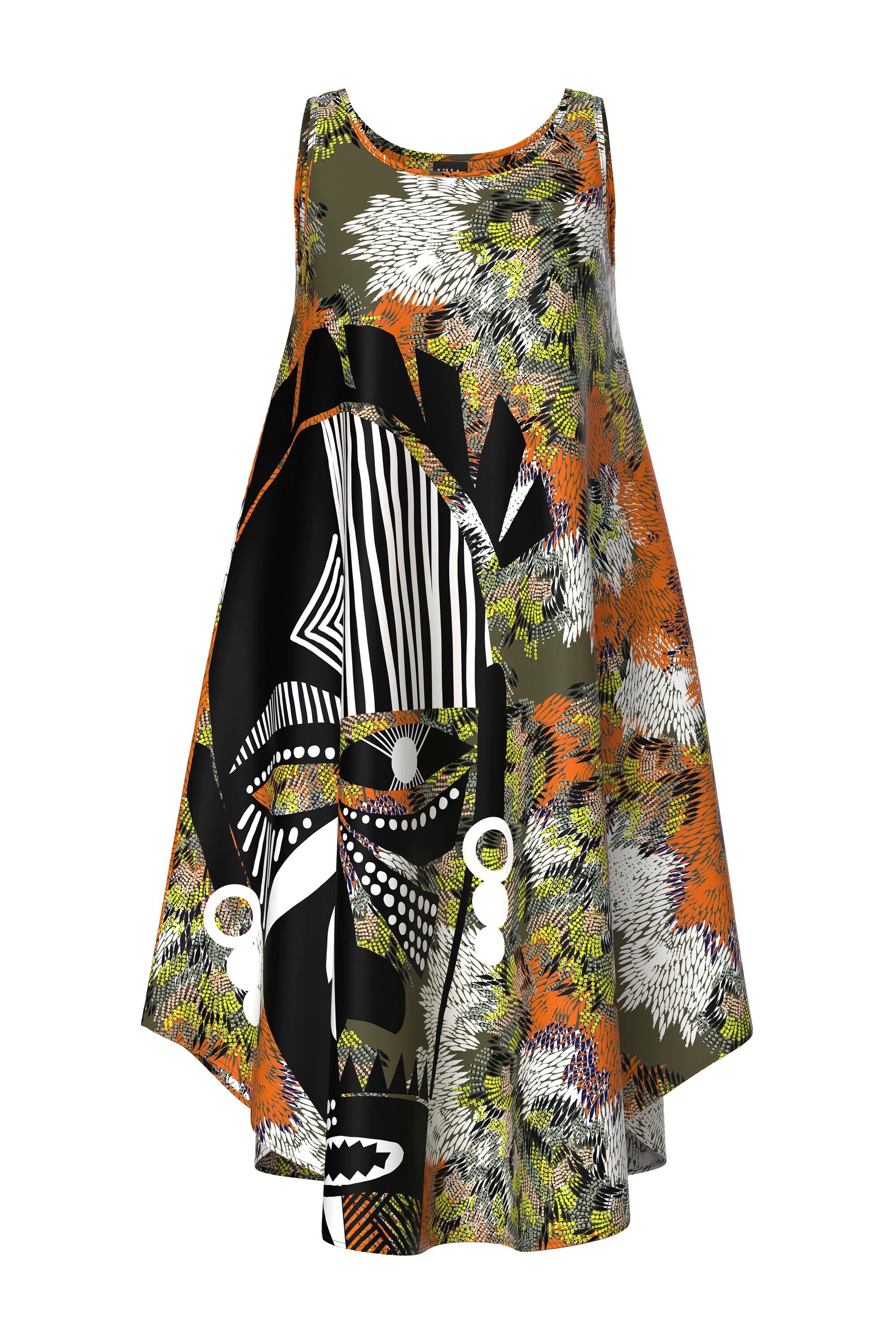 Ulla Popken Maxikleid Midikleid Maske A-Linie Rundhals ärmellos