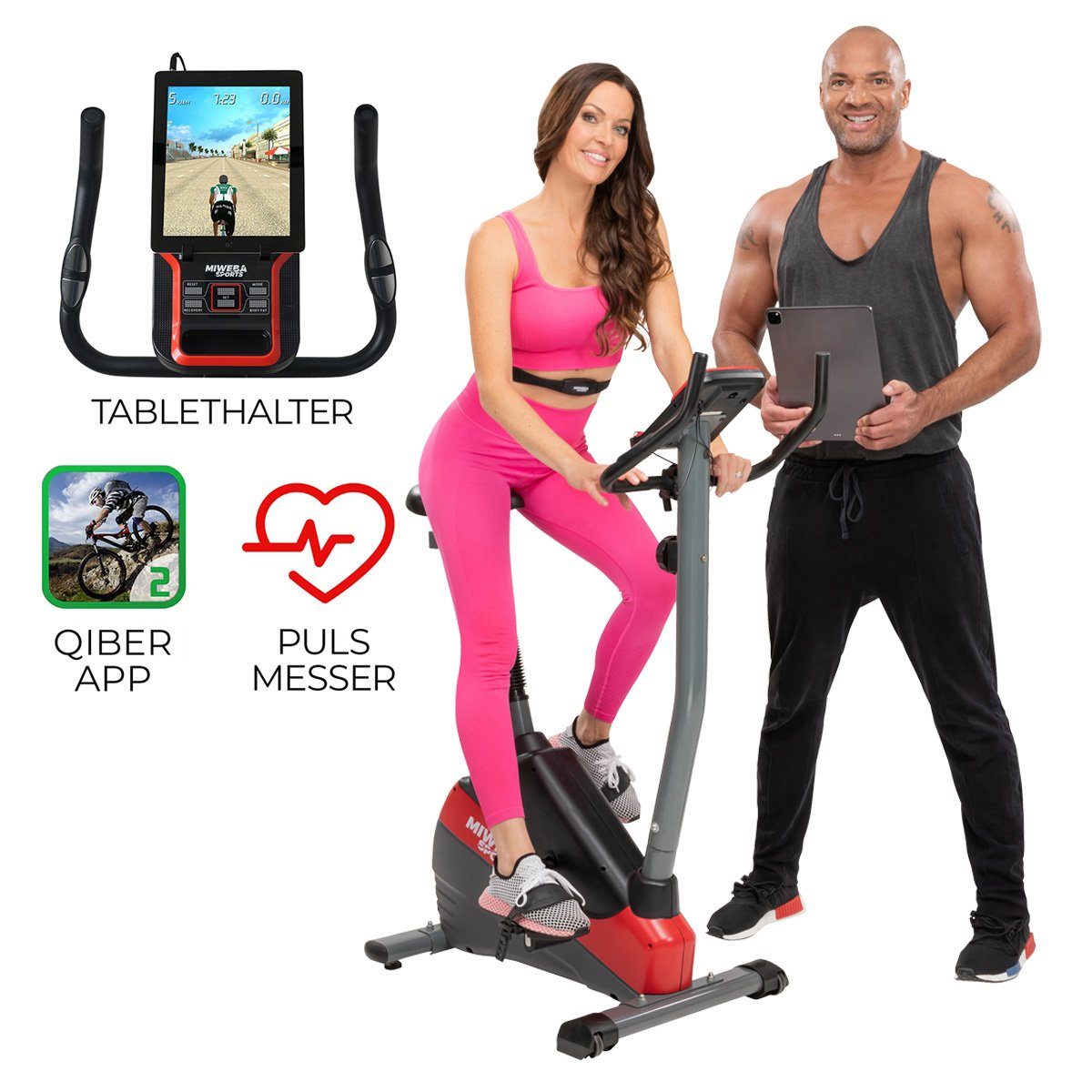 Miweba Sports Heimtrainer Profi Indoor Cycle ME300 - Zwift App & Streaming Funktion (14 Kg Schwungmasse, 12 Trainingsprogramme, 32 Intensitätsstufen, 150 Kg max. Belastbarkeit, Cardio, Fahrradergomter, Heimtrainer, Fitnessbike, Indoor Cycling, Fahrradtrainer, 1-tlg., LCD Display, Bodyfat-Messung, Bluetooth, Tablet- und Smartphonehalter, Polar-Uhr Kompatibel, Pulsmesser Sensoren, Magnetbremse, Transportrollen, höhenverstellbar, flüsterleise), Fitnessfahrrad Sportgerät - Fitness Geräte Zuhause Schwarz / Rot