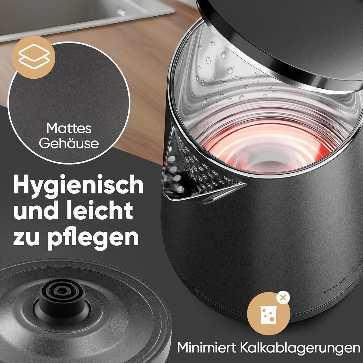 ProfiCook Wasserkocher PC-WK 1290, Wasserkocher 1,5L, 2200W, mattes Gehäuse