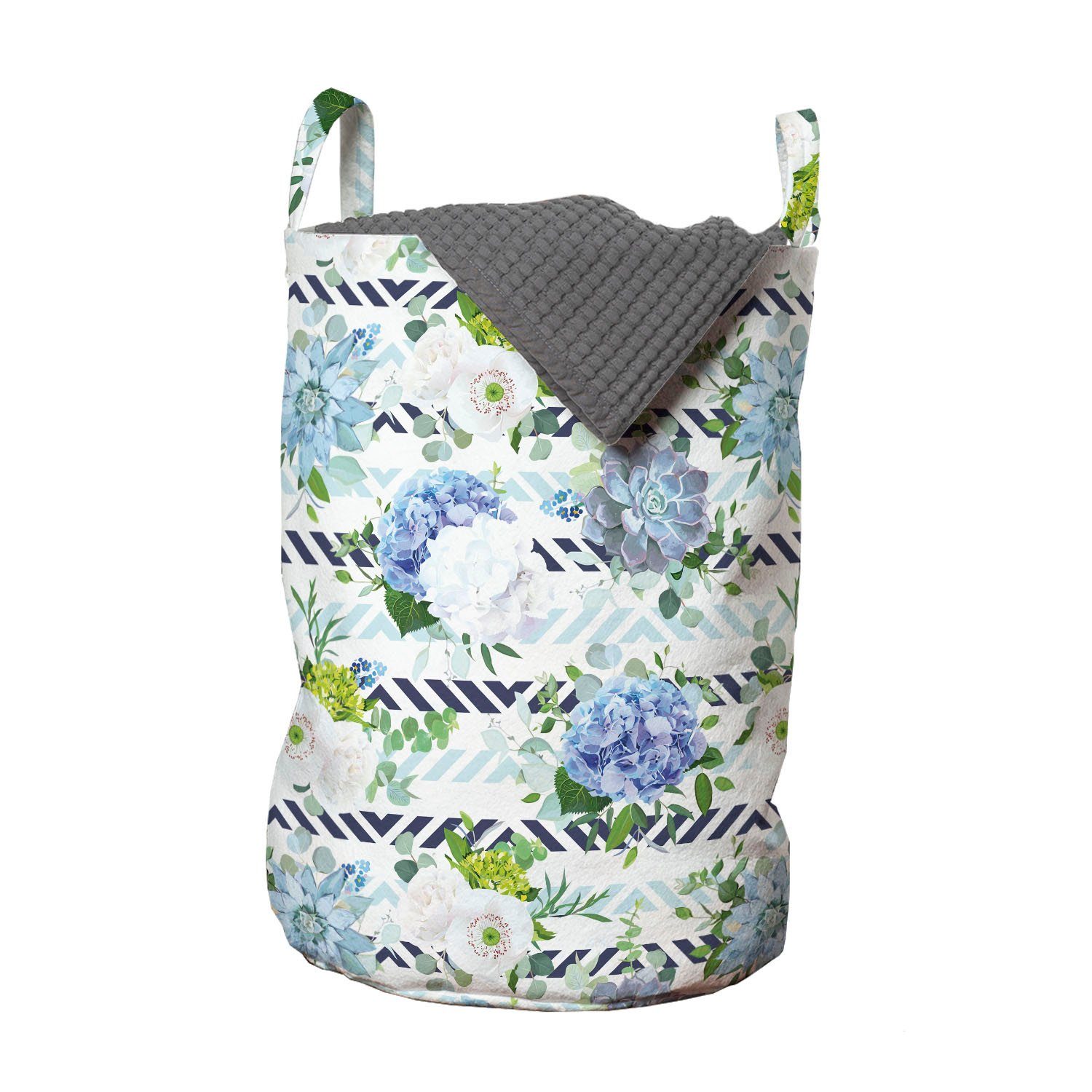 Abakuhaus Wäschesäckchen Wäschekorb mit Griffen Kordelzugverschluss für Waschsalons, Hortensie Frische Blumen auf Streifen | Wäschesäcke