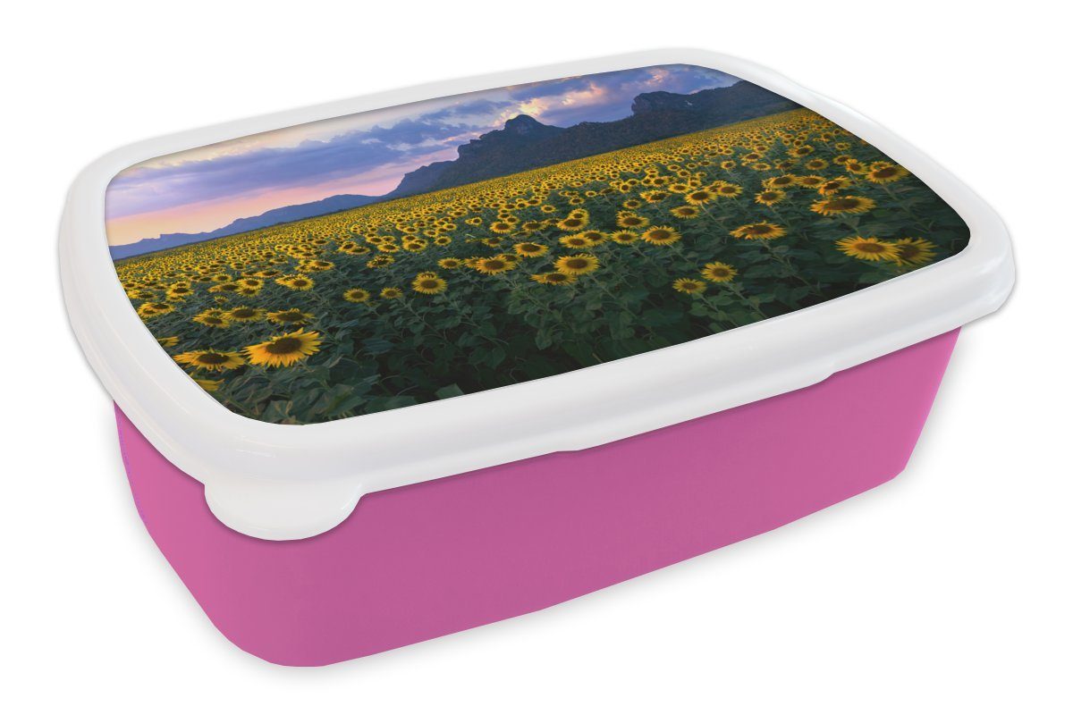 MuchoWow Lunchbox Sonnenblume - Thailand - Himmel, Kunststoff, (2-tlg), Brotbox für Erwachsene, Brotdose Kinder, Snackbox, Mädchen, Kunststoff rosa