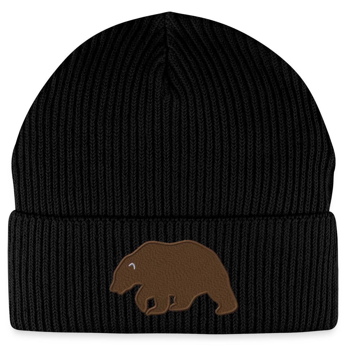 Spreadshirt Beanie Braunbär Bär Silhouette Stickerei Fisherman Beanie Bio Mütze (1-St)