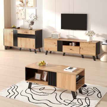 MODFU Lowboard TV-Schrank mit Holz- und Schwarzdesign (Vielfältige Aufbewahrungsfunktionen, einzigartiges Erscheinungsbild), TV-Schrank, mit 2 Türen und 1 Schublade