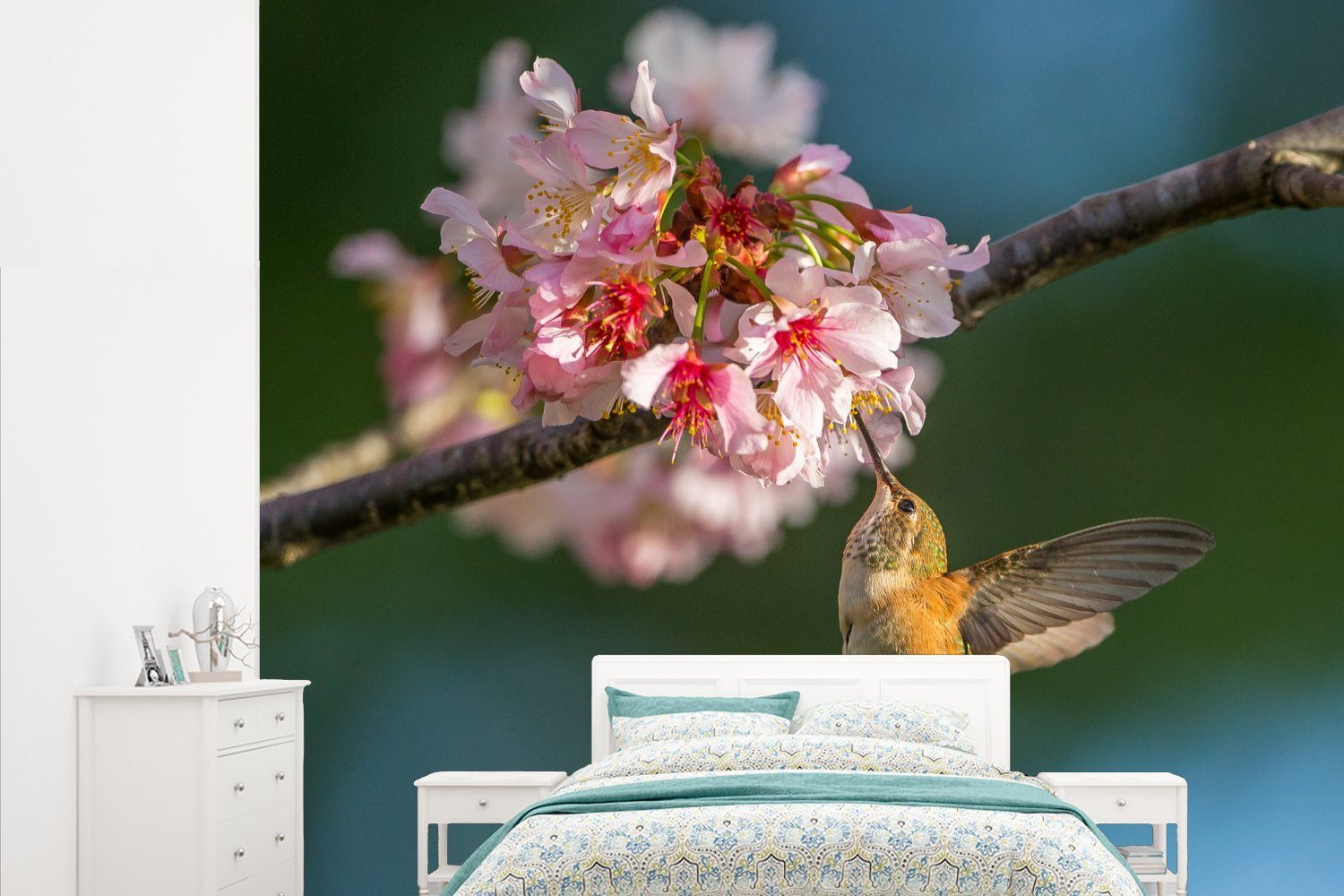 MuchoWow Fototapete Vogel - Kolibri - Kirschblüte, Matt, bedruckt, (5 St), Vliestapete für Wohnzimmer Schlafzimmer Küche, Fototapete