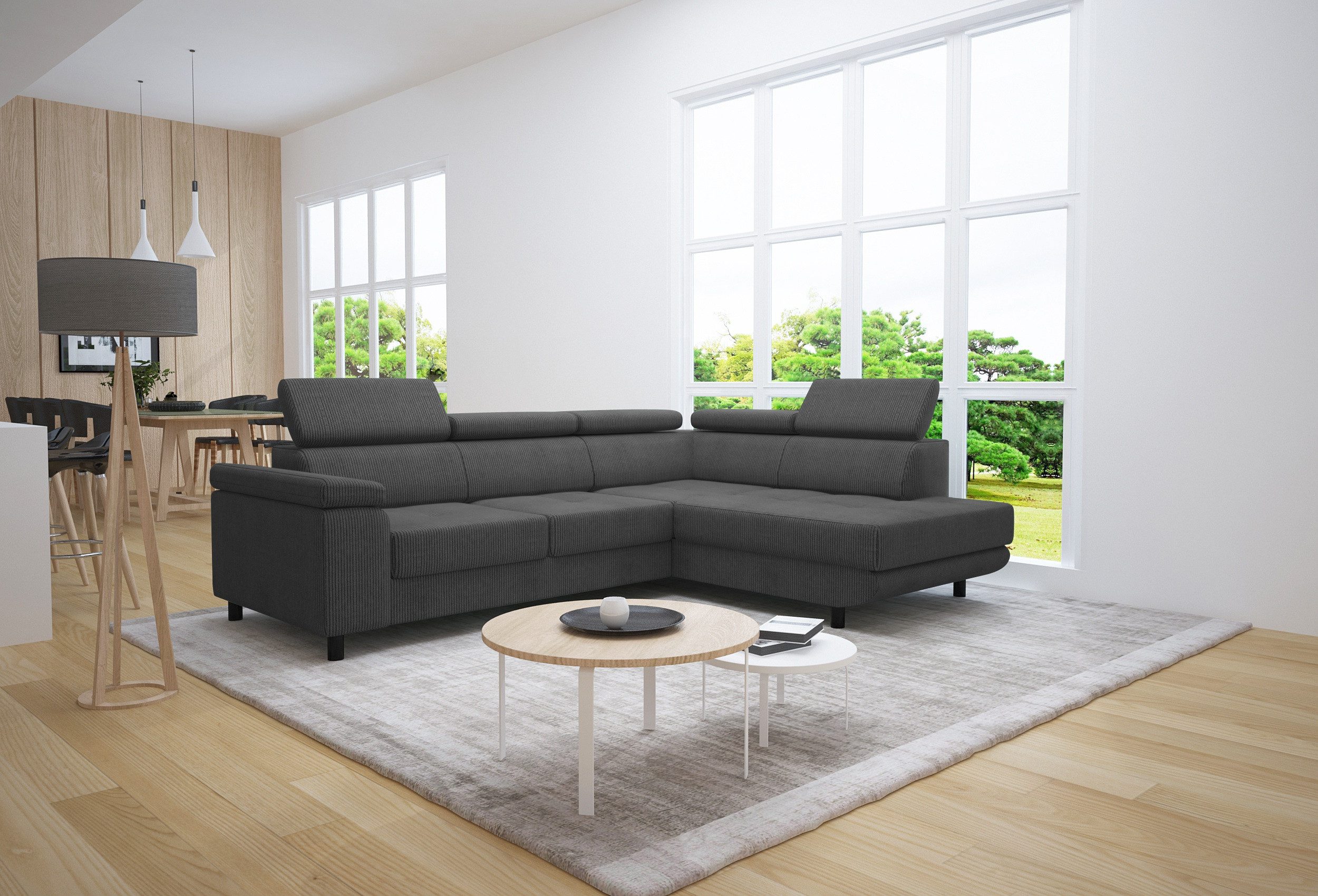thematys Ecksofa LUNA L mit Schlaffunktion & Bettkasten – aus Velours oder Cord Stoff, mit 5 verstellbaren Kopfstützen, – L-Form 250×183 cm – Schlafsofa mit Auszug