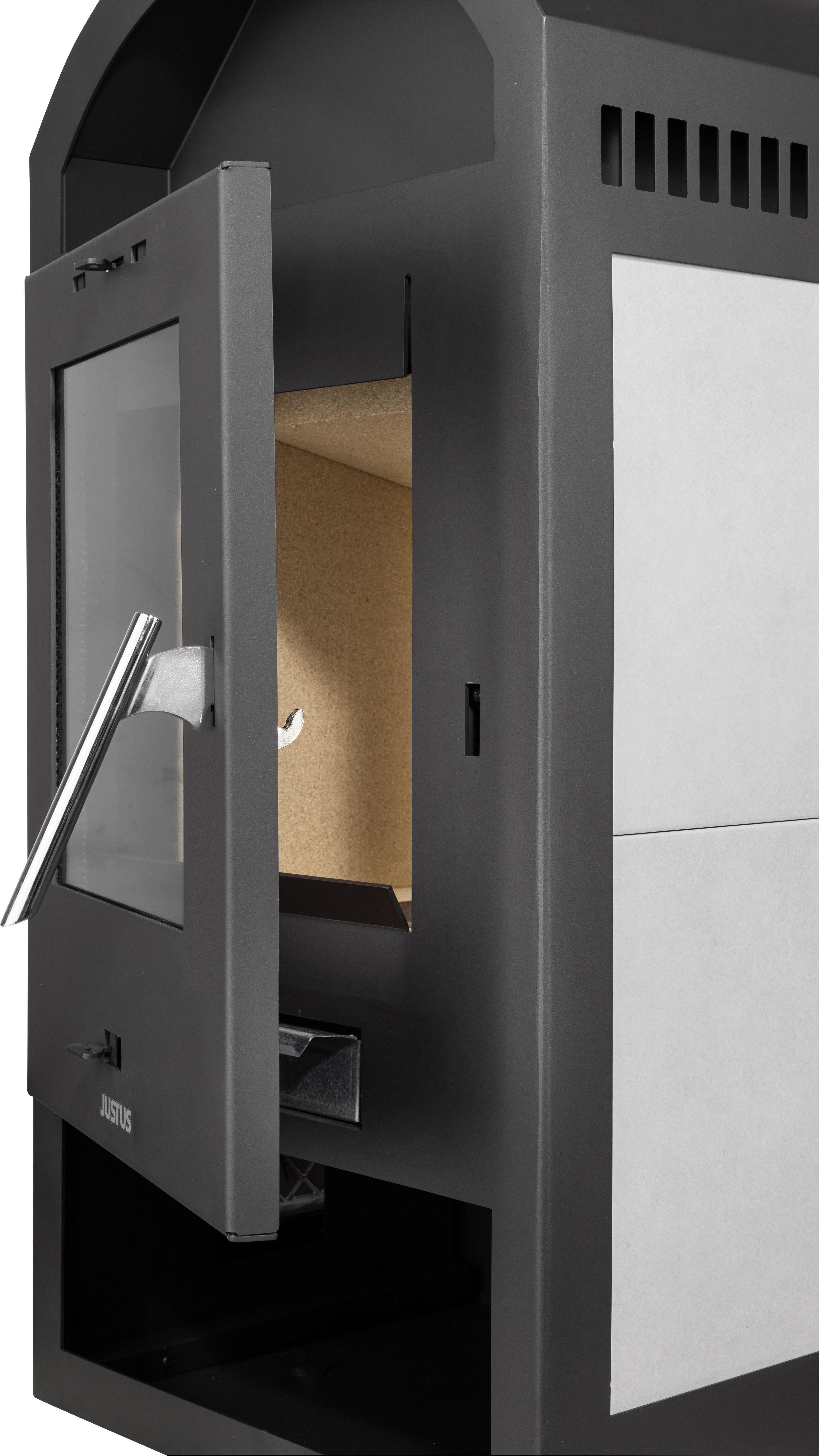 JUSTUS Kaminofen »Vegas« Specksteinkeramik, Korpus Stahl Schwarz, 6 kW, Zeitbrand, Tee- und Holzfach