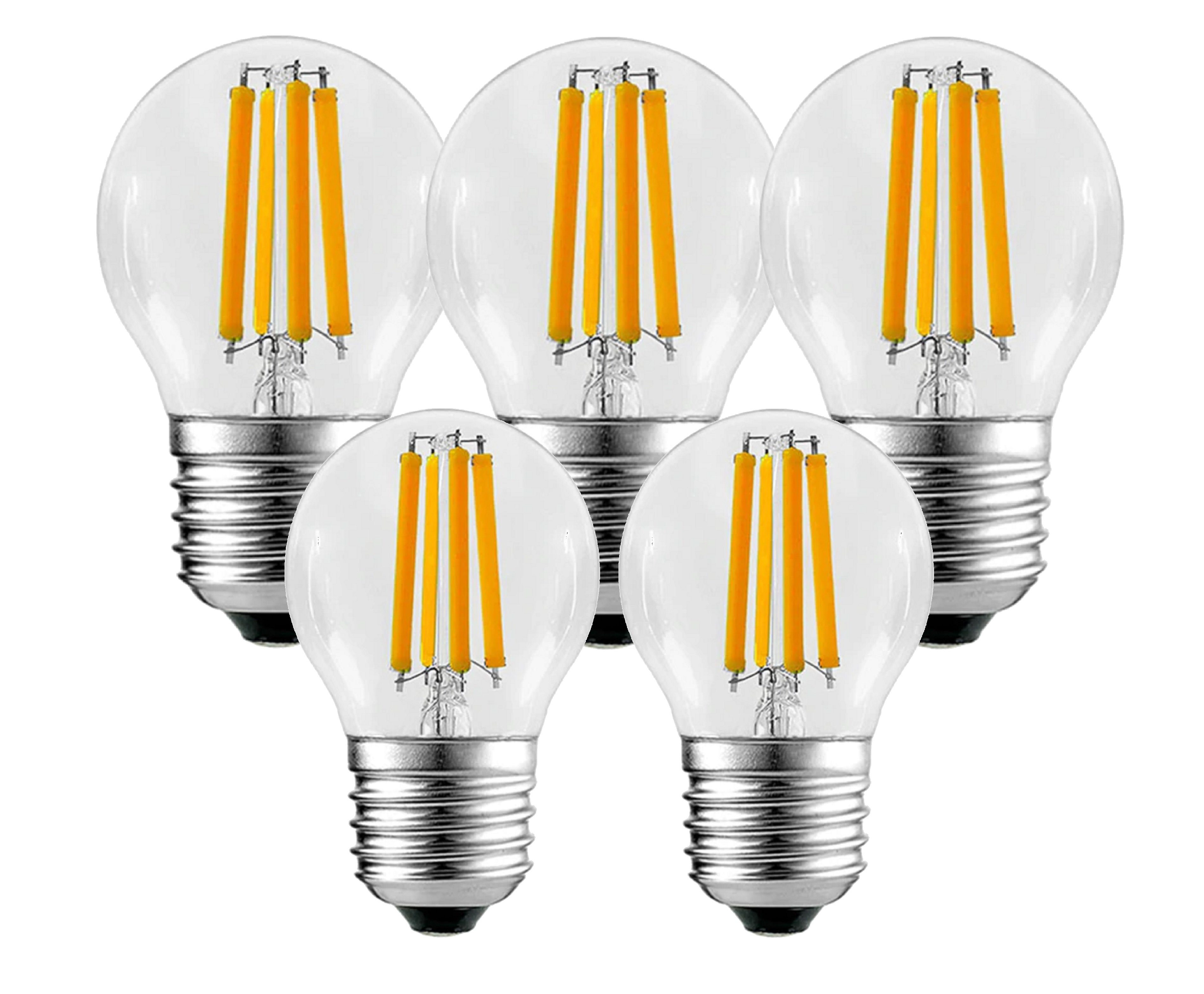 TRANGO LED-Leuchtmittel E27002, 5er Pack E27002-5 LED Filament Birne 5 Watt 450 Lumen - 2700K warmweiß leuchtend Ersatz für 60W Glühlampe - Glühbirne - Lampe Birne in Tropfen Form mit E27 Fassung Abstrahlwinkel 360°, 5 St., Lampe