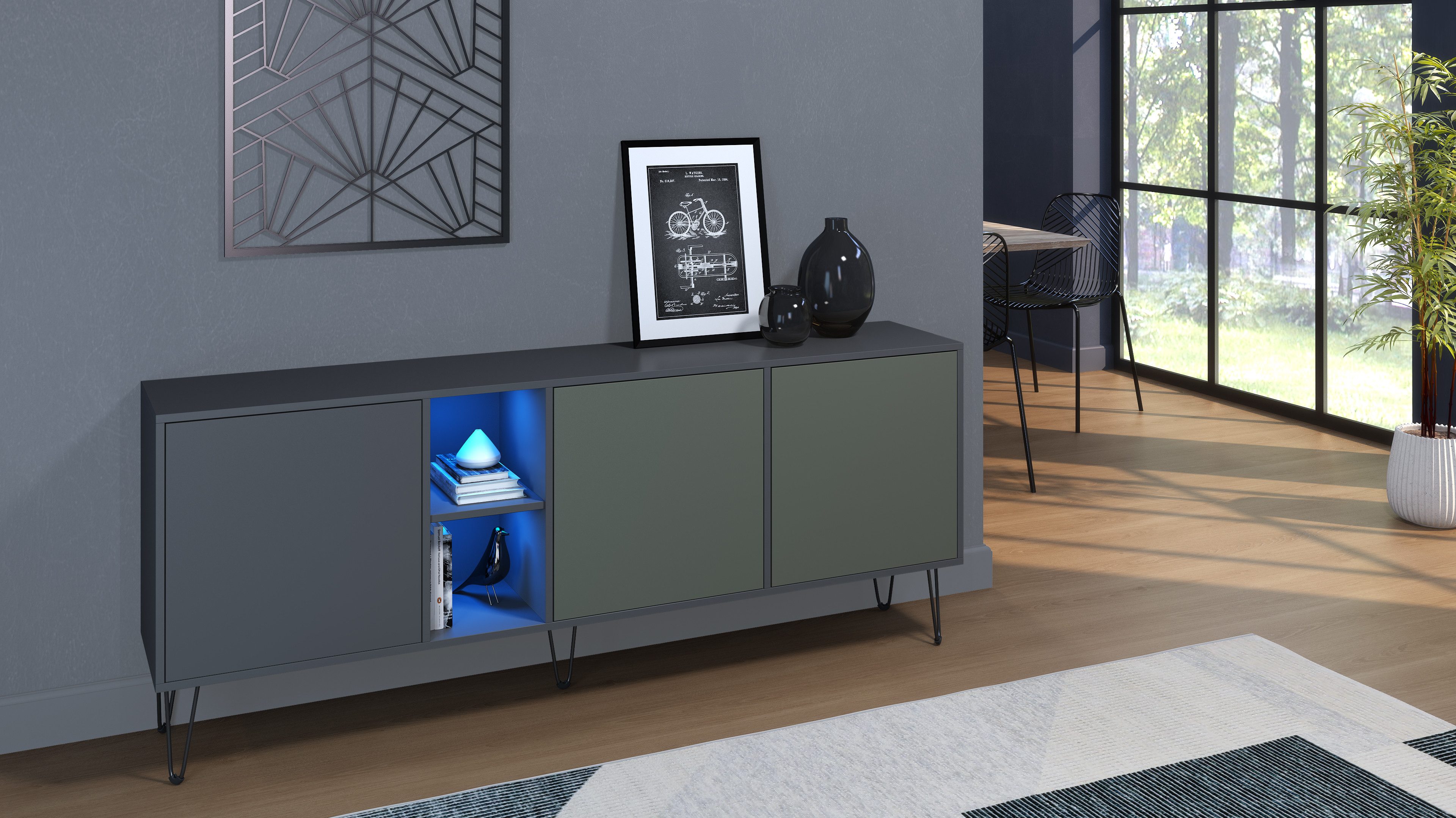 Vladon Sideboard Havana (TV-Schrank mit 3 Türen und 2 offene Fächer, Kommode mit LED, Made in Germany), Anthrazit matt / Fjord Grün (181,5 x 73 x 35 cm)