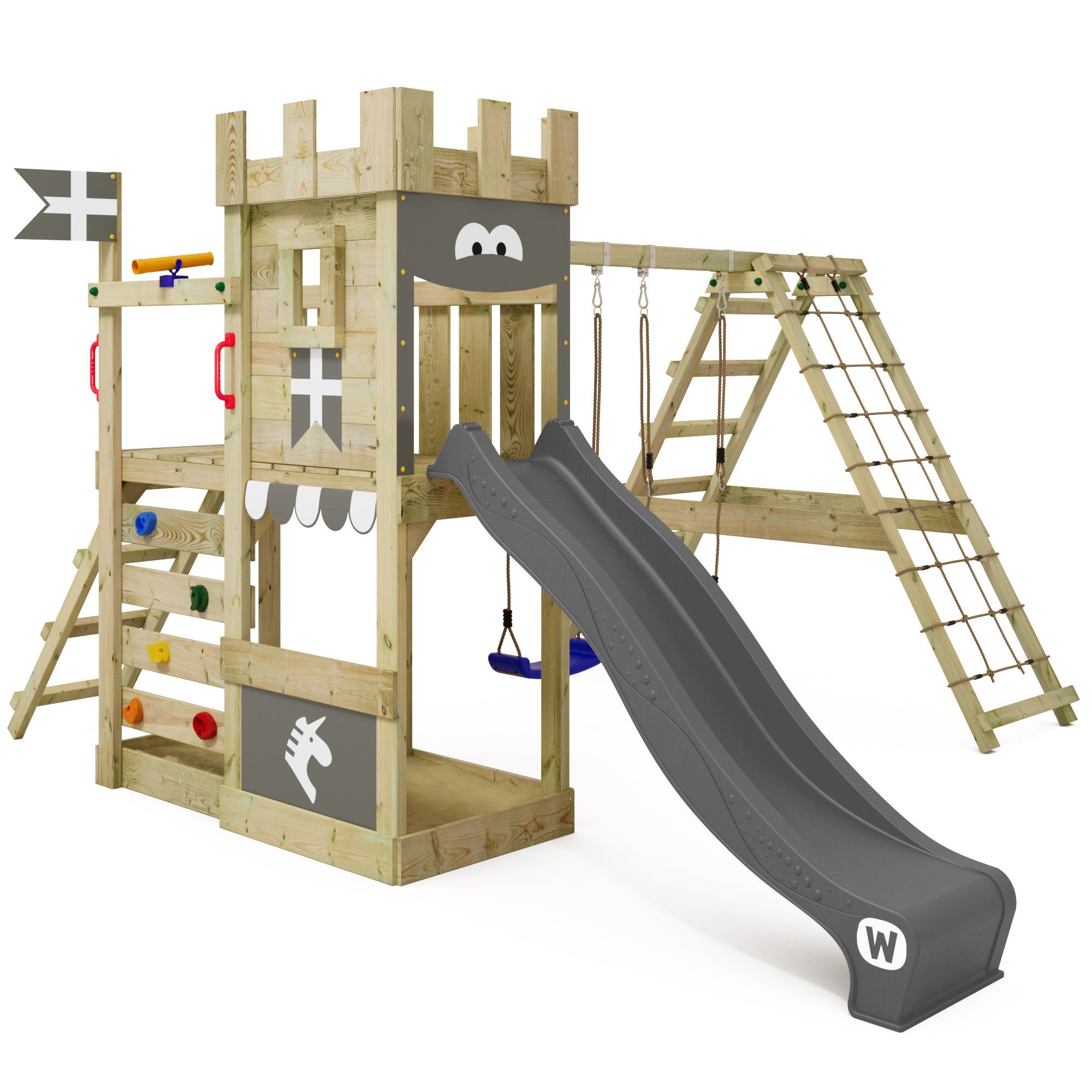 Wickey Spielturm DragonFlyer Stelzenhaus – Ritterburg mit Kletteranbau, Unvergessliche Erlebnisse für Kinder mit 10 Jahren Garantie*