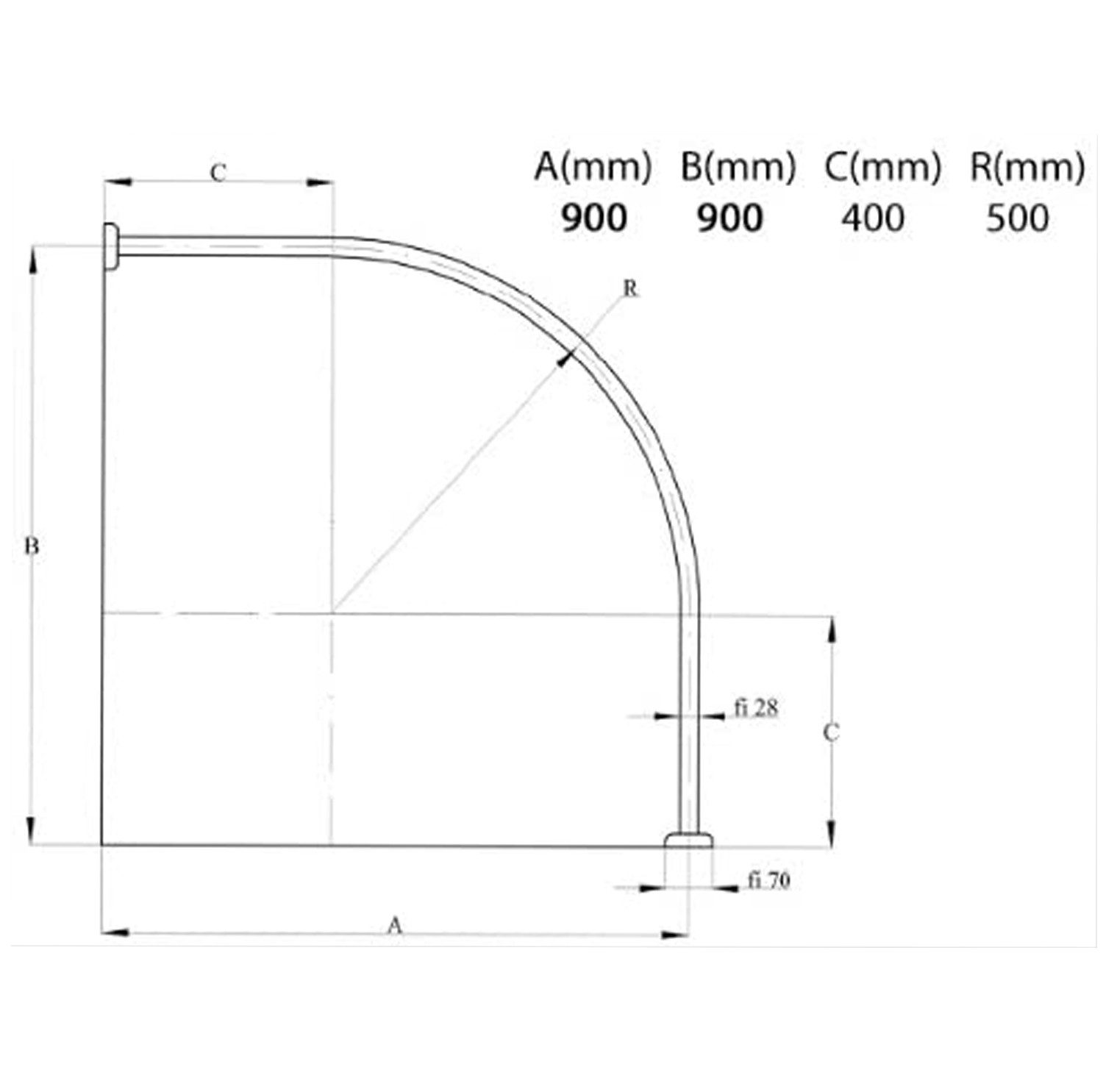 Ekershop Duschvorhangstange Bogenstange Alu Oval EINTEILIG 90 x 90 cm Eckduschstange, Ø 28 mm, kürzbar, Verschraubt, Aluminium, für Duschvorhang ohne Duschvorhangringe