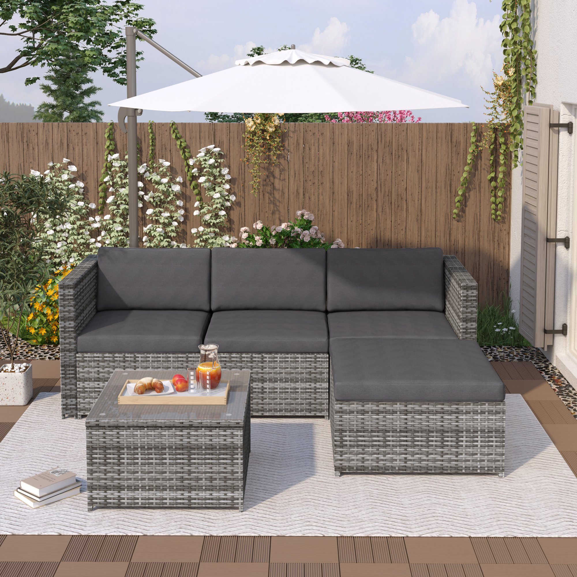 EXTSUD Gartenlounge-Set Polyrattan Lounge-Sofagarnitur Lounge-Gartenmöbel  Ecksofa, (Couchgarnitur mit Sitz- und Rückenkissen, Lounge-Tisch mit  Glasplatte)