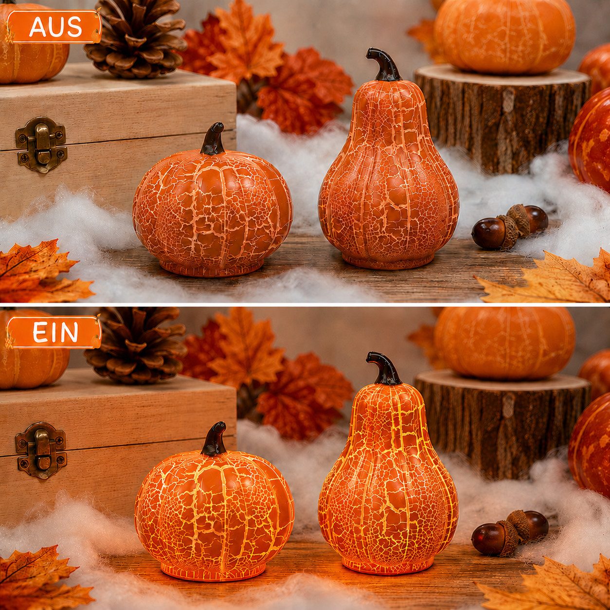 nsihing Dekofigur Halloween Kürbis LED Deko 4er Set, Vintage Crackle Tischleuchte (4 St), Für Halloween, Herbst, Thanksgiving & Wohnraum Deko – Bild 3 von 5