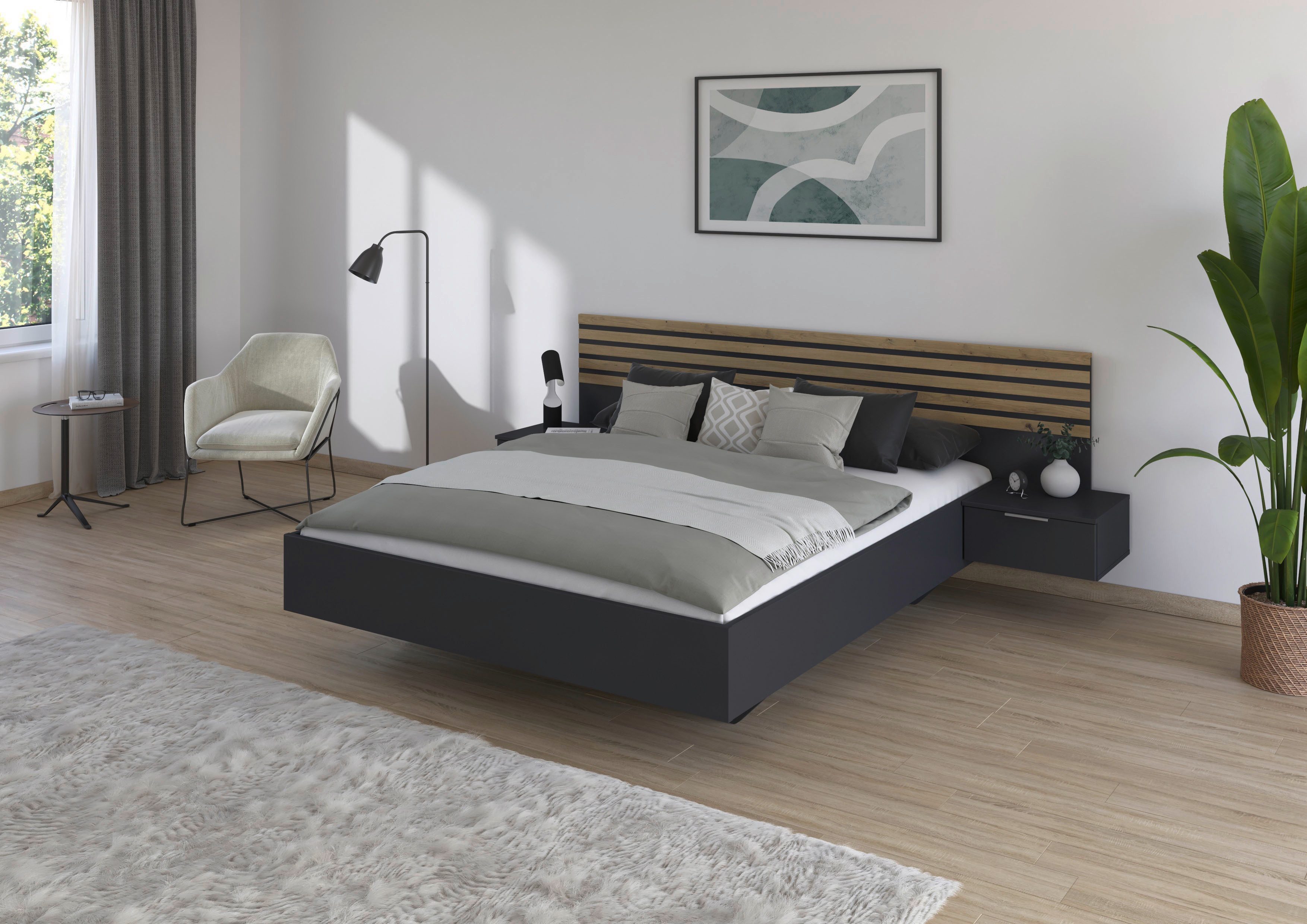 rauch Bettanlage Doppelbett Futonbett LAMELLA in schwebender Optik, (Bett 160x200 oder 180x200 cm), mit eleganter Lamellenabsetzung und 2 Hängenachttische MADE  – Bild 2 von 5