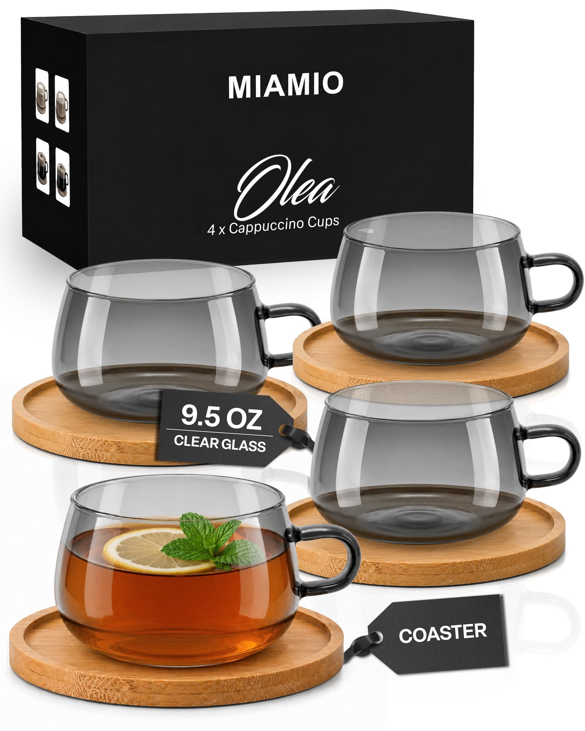 MiaMio Cappuccinotasse Olea, 280 ml, 4-tlg., Glas, mit Bambus-Untersetzer