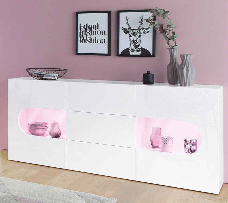 INOSIGN Sideboard Real,Vitrine,Kommode,Schrank,Breite 180 cm komplett hochglanz lackiert, mit 2 Glastüren und 3 Schubladen ohne Griff