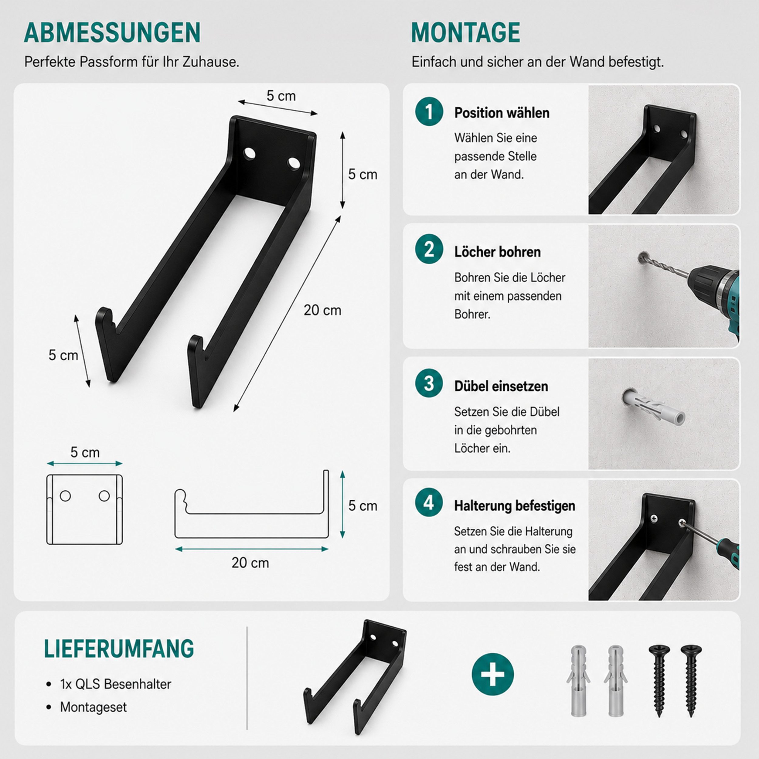 QLS Wandhalter für Besen und Gartengeräte 20 cm aus Stahl pulverbeschichtet, Wandmontage, Hohe Stabilität, Langlebigkeit, Platzsparend, Robust