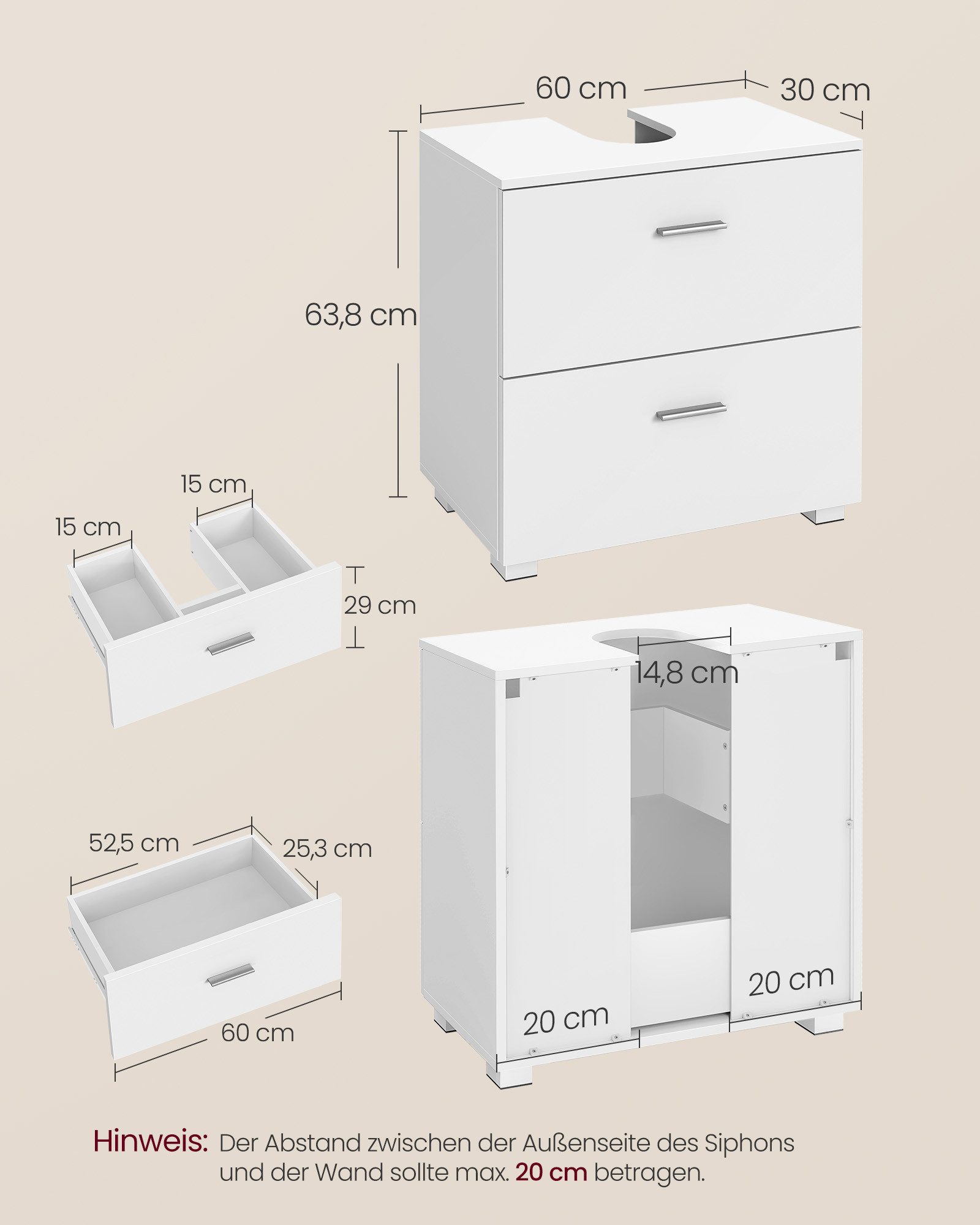 VASAGLE Waschbeckenunterschrank Badezimmerschrank mit 2 großen Schubladen 30 x 60 x 63,8 cm, hohe Füße, für Waschbecken ohne Säule – Bild 4 von 5