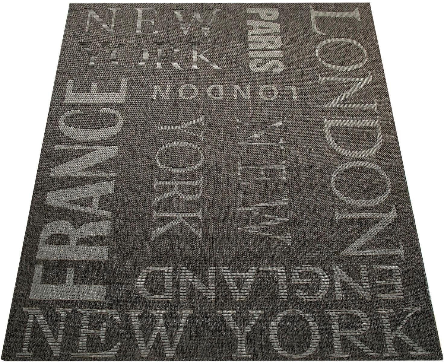 Teppich Country Paco grau In- mit mm, Sisal-Optik, Schriftzug, Home, Outdoor geeignet rechteckig, und Höhe: Städtenamen 675, 5