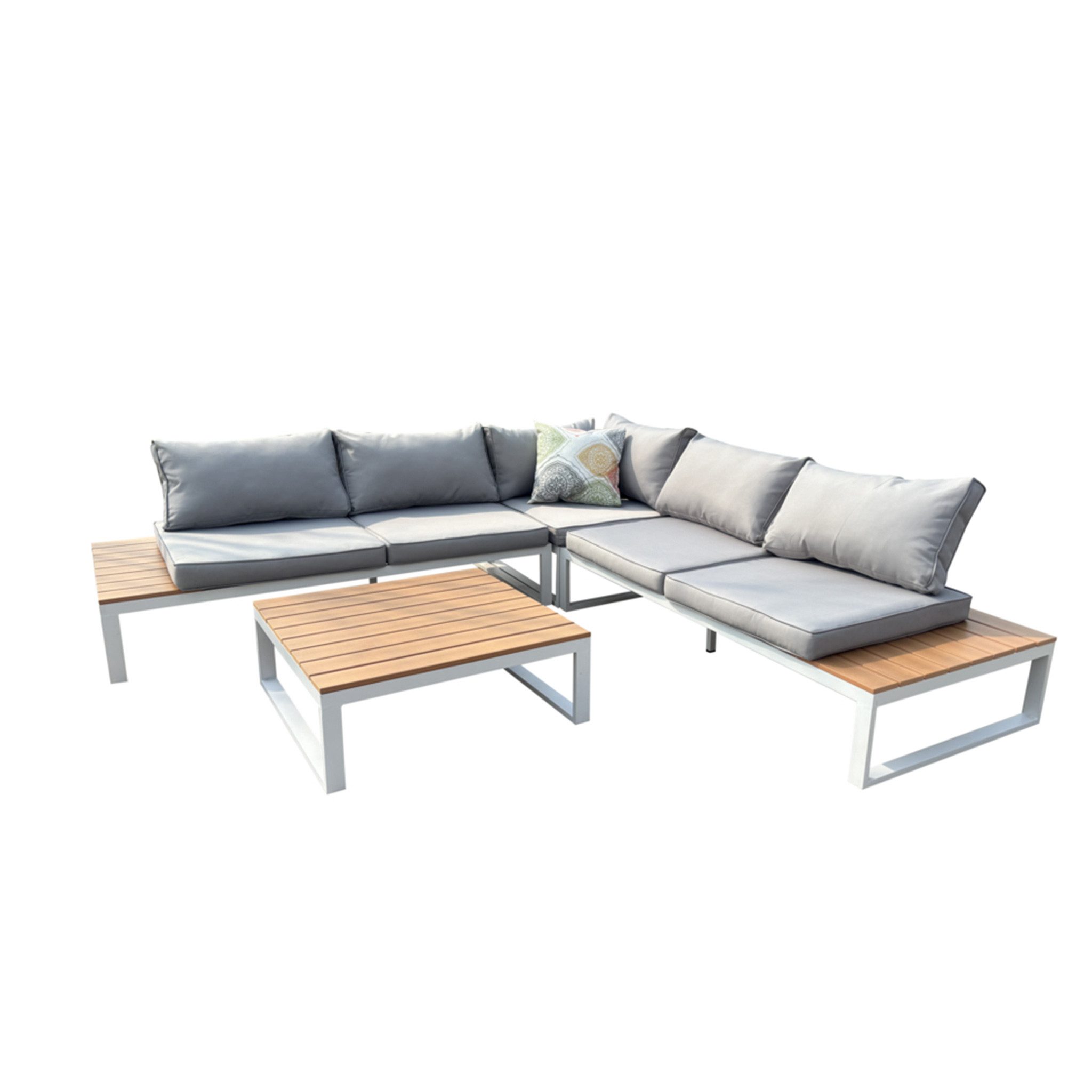 Happy Home Gartensofa 14 tlg. Loungeset aus Aluminium inkl. Auflagen hellgrau mit Holzoptik