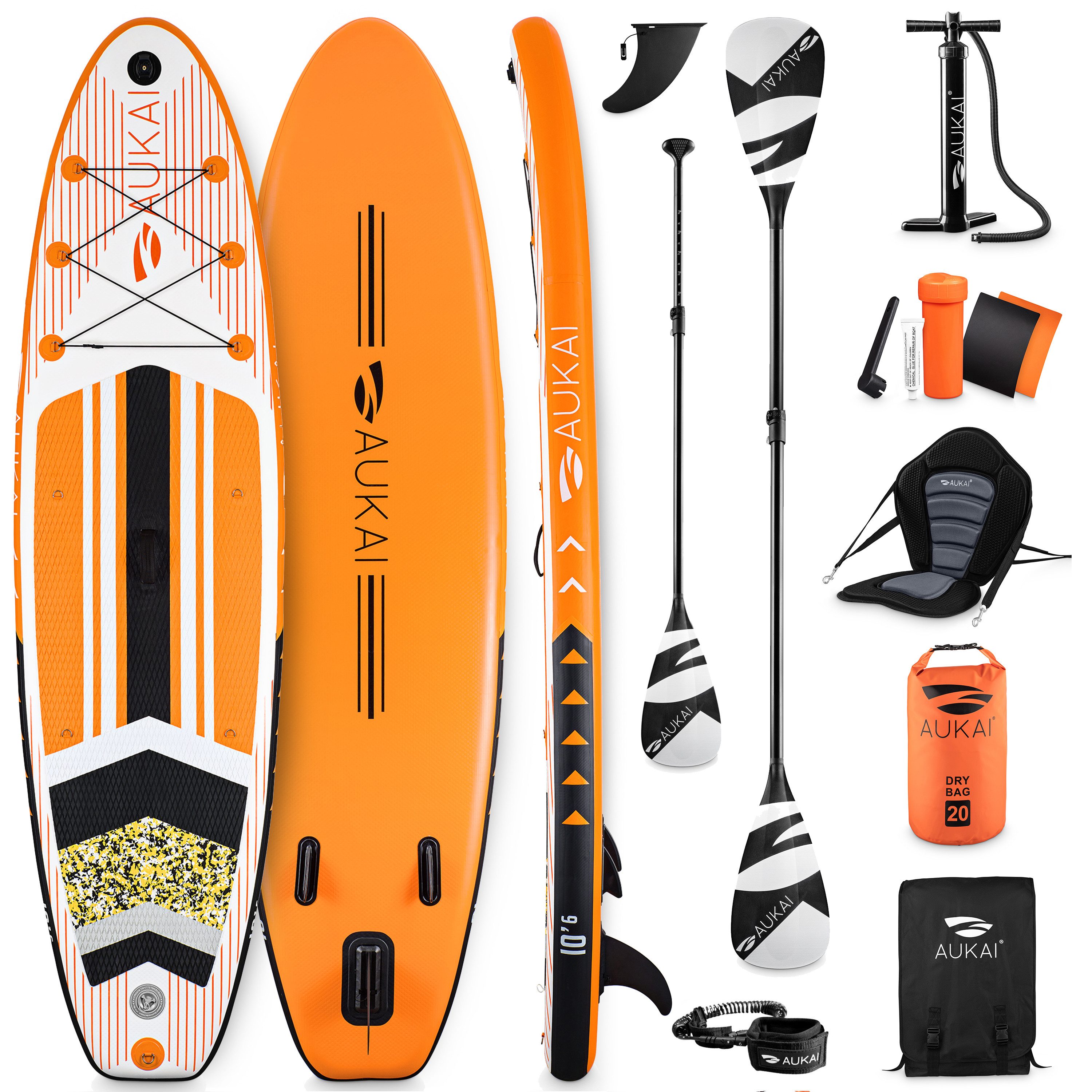 Aukai SUP-Board PRO 320cm, 2in1 Aufblasbares Stand up Paddle Set mit Kajak-Sitz, (Action-Cam-Halterung, Fußschlaufe, Pumpe, Rucksack, AquaBag), Komplettsett - 5 Jahre Garantie