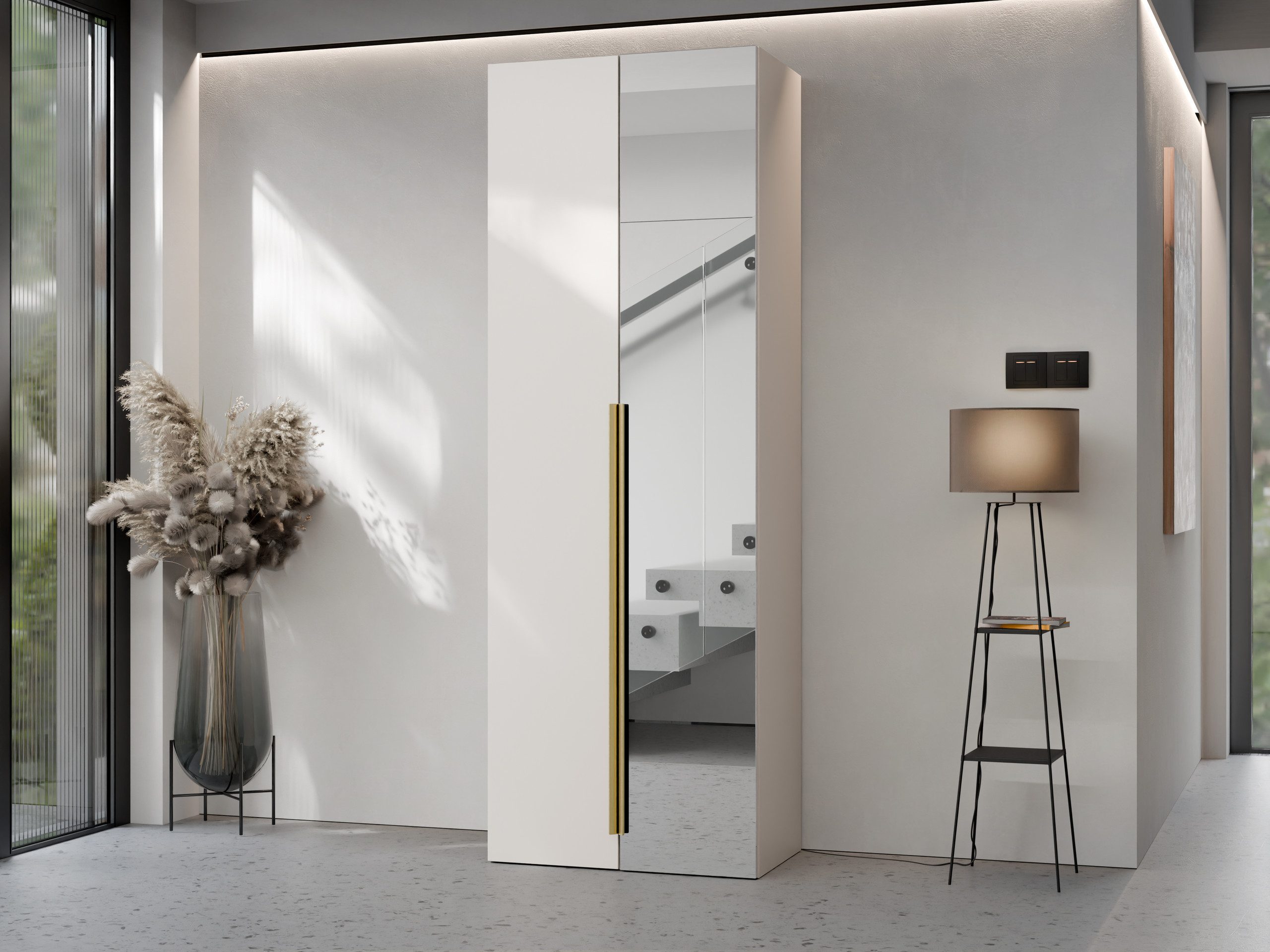 MIRJAN24 Kleiderschrank Kerkin 2D mit Spiegel (mit zwei Drehtüren) 70x42x200 cm, Griffe aus Metall in der Farbe Gold