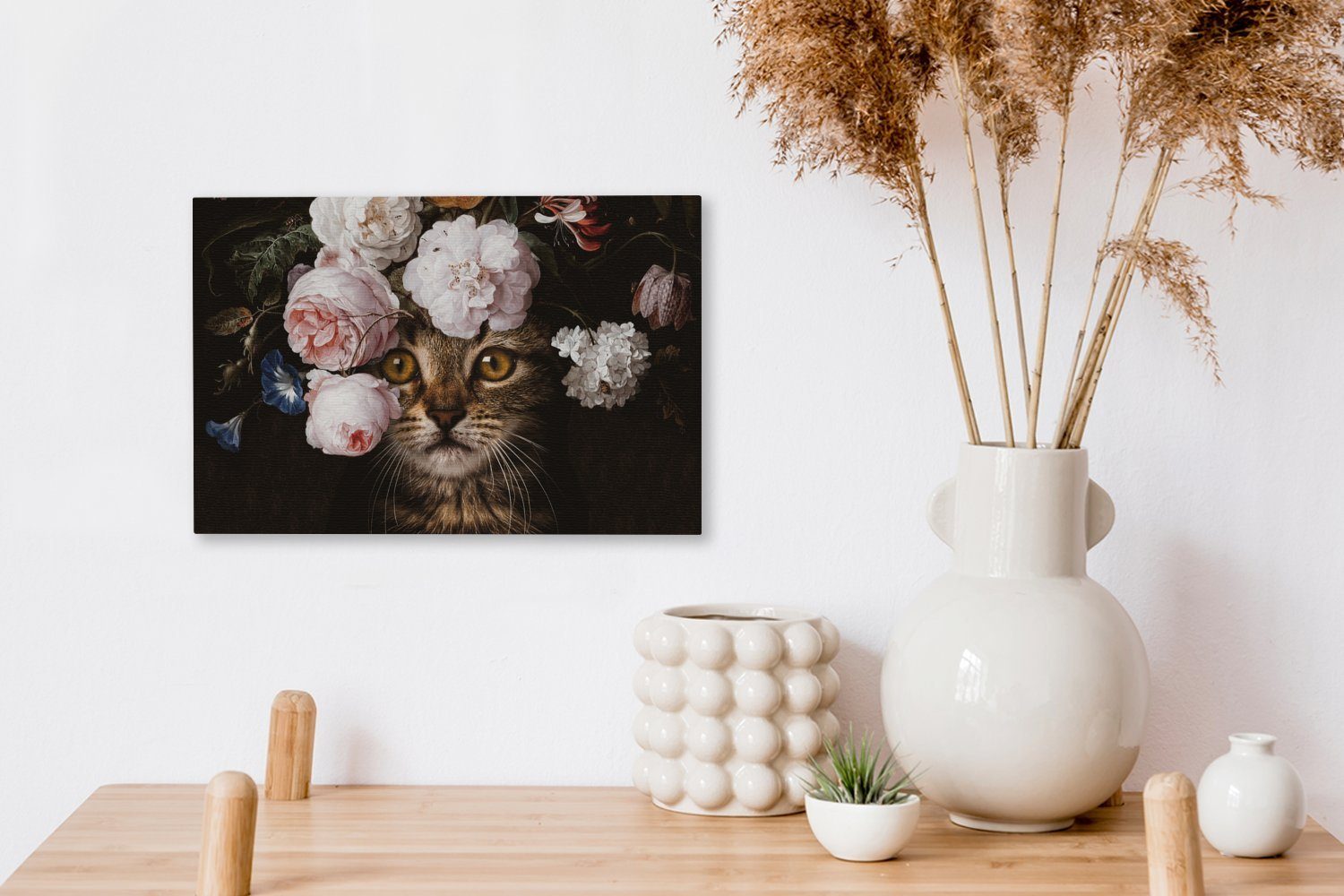Aufhängefertig, 30x20 Kunst, Katze (1 Leinwandbilder, cm Wandbild OneMillionCanvasses® - St), Wanddeko, - Blumen Gemälde