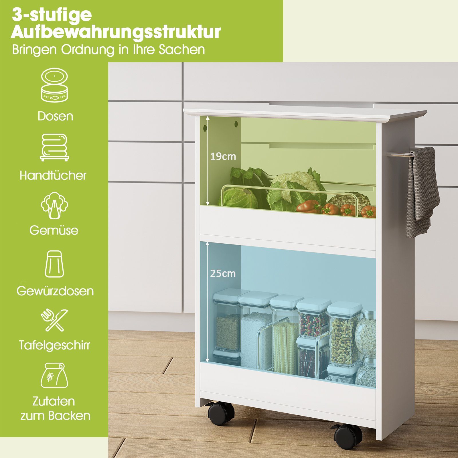 Küchenwagen Mit 3 Ablagen & Rollen - Stylisher Organizer Für Küche, Bad & Büro