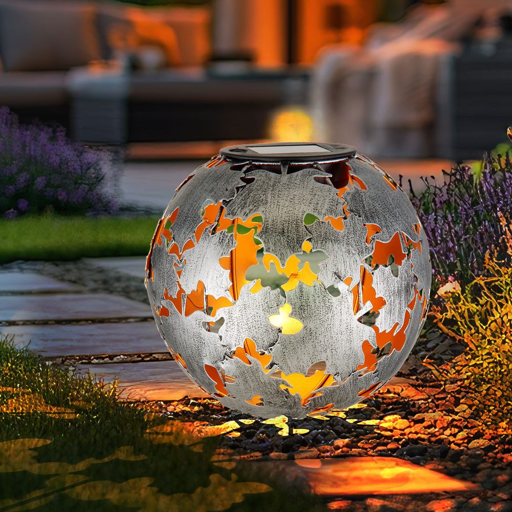 GLOBO LIGHTING LED Solarleuchte, LED-Leuchtmittel fest verbaut, Warmweiß, Solarleuchte Kugellampe LED Erdspieß silbergrau gold Außenleuchte