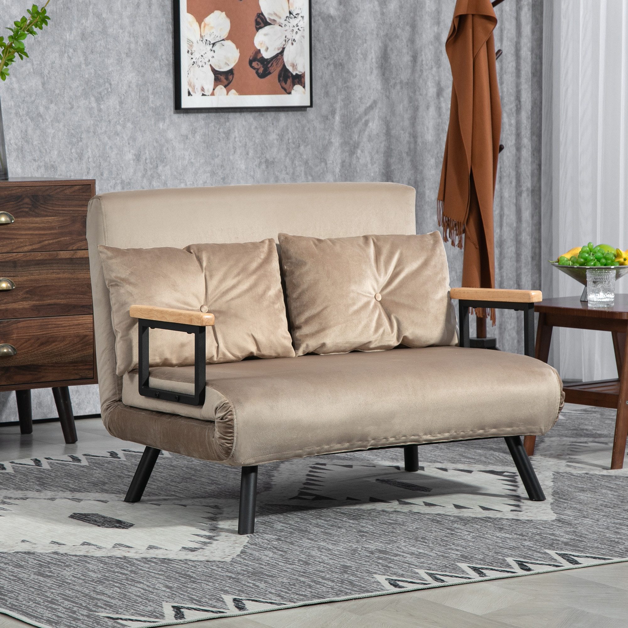 HOMCOM Schlafsofa 4 in 1 2 Sitzer Sofa Schlafcouch mit Samtoptik, Lendenkissen, Klappbett 1 Teile, mit Verstellbarer Rückenlehne, Blau