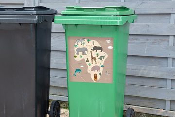 MuchoWow Wandsticker Tiere - Weltkarte - Kinder - Afrika - Jungen - Mädchen (1 St), Mülleimer-aufkleber, Mülltonne, Sticker, Container, Abfalbehälter