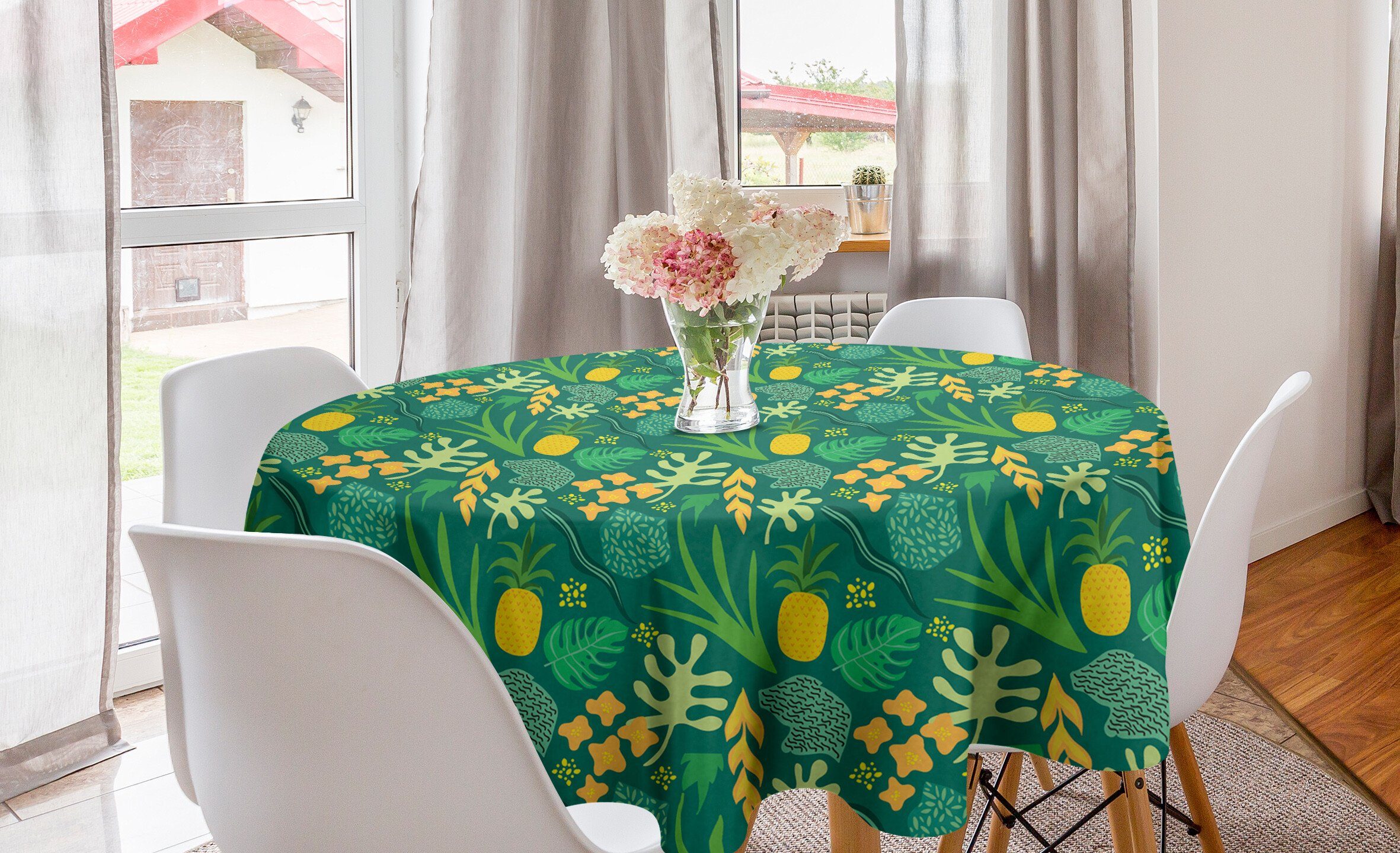 Abakuhaus Tischdecke Kreis Tischdecke Abdeckung für Esszimmer Küche Dekoration, Exotisch Doodle Ananas und Blätter