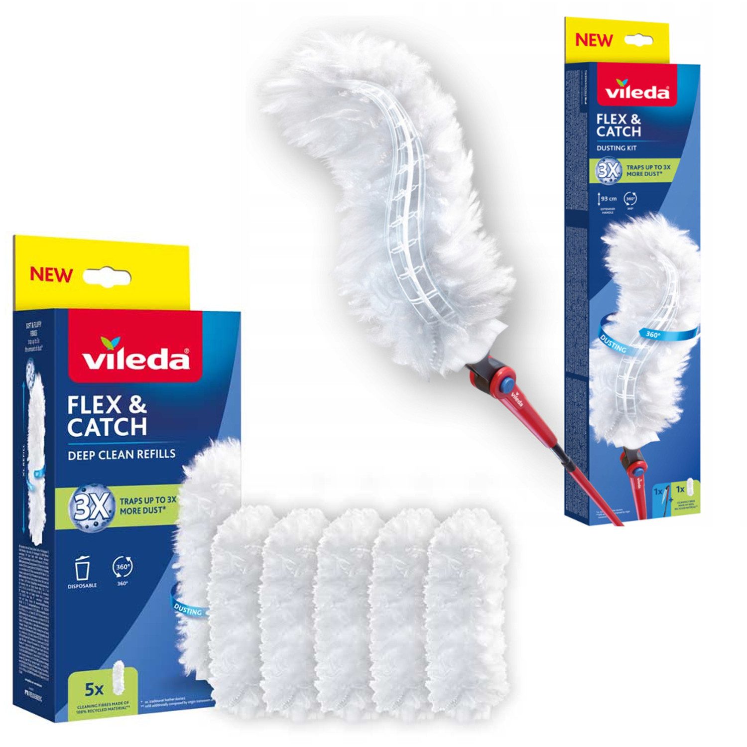 Vileda Staubwedel Flex Catch Handfeger mit langem Stiel, 6 Ersatzblätter, 1 im Set mit dem Staubwedel + Packung mit 5 Stück