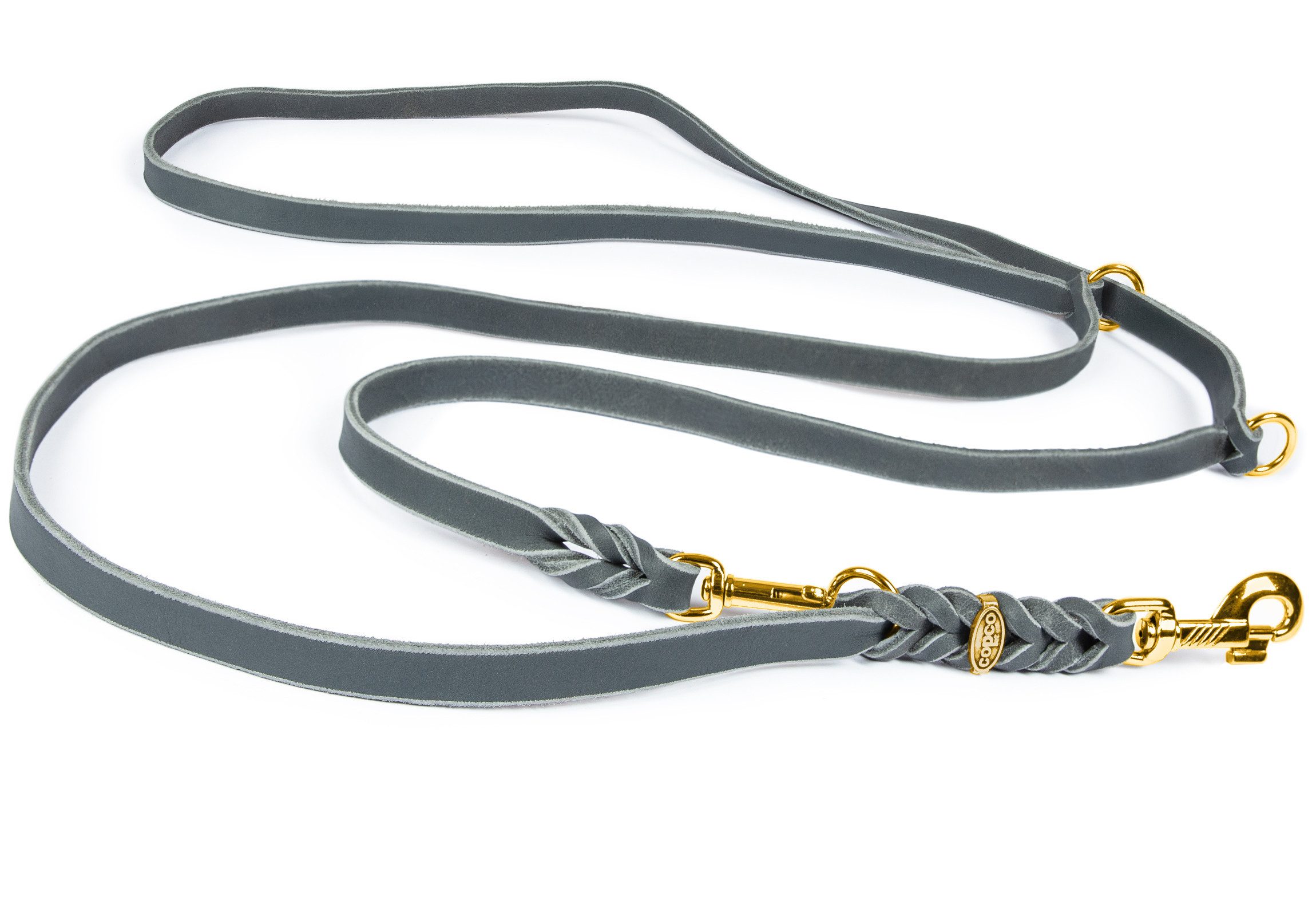 CopcoPet Hundeleine Fettlederleine Hundeleine geflochten dreifach verstellbar Messing, Leder