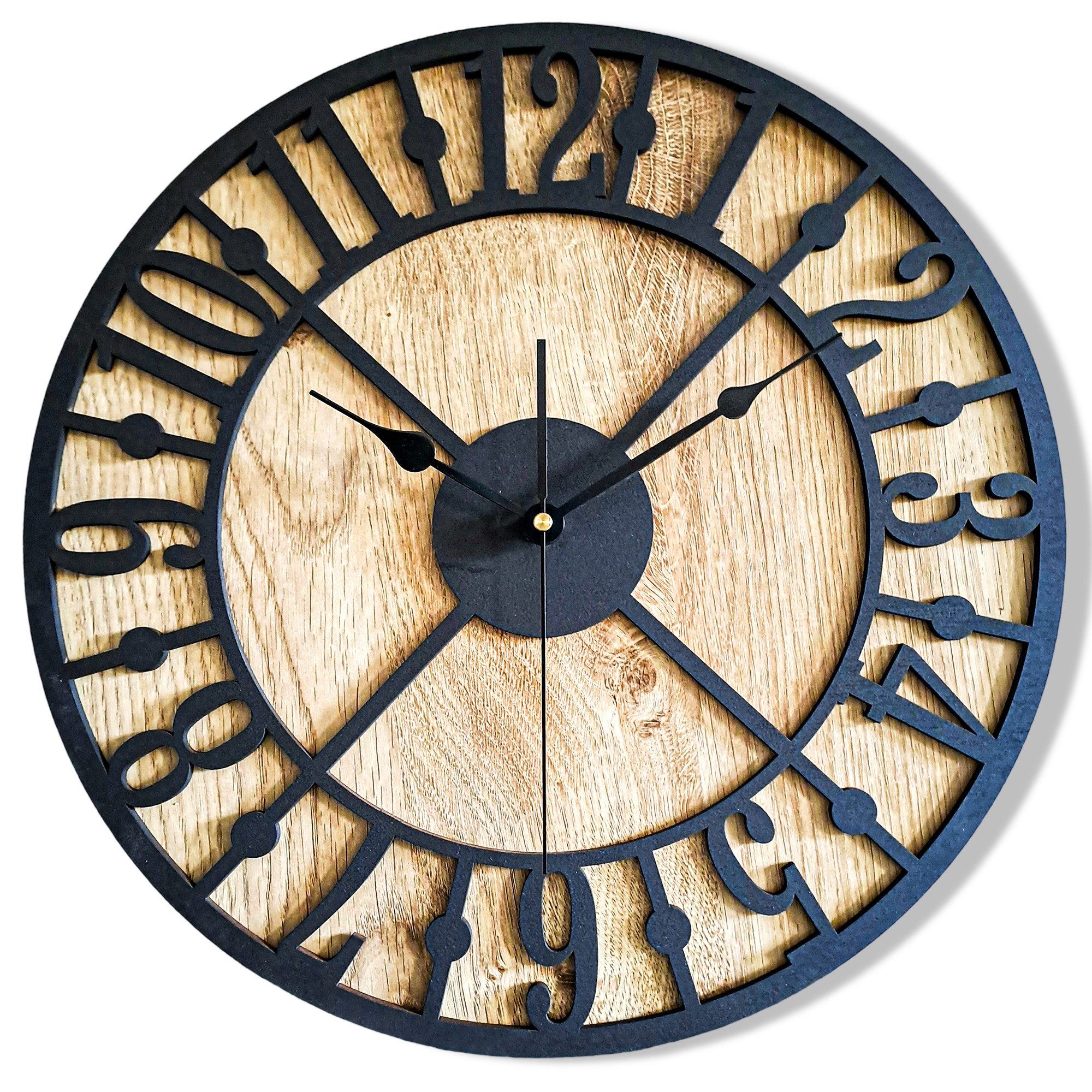 ORNAMENTI Wanduhr Grosse, modern holz Wanduhr, boho, Eiche - schwarz, 40,50,60 cm (Eiche furniert, ohne tickgeräusche, skelettiertes Zifferblatt)